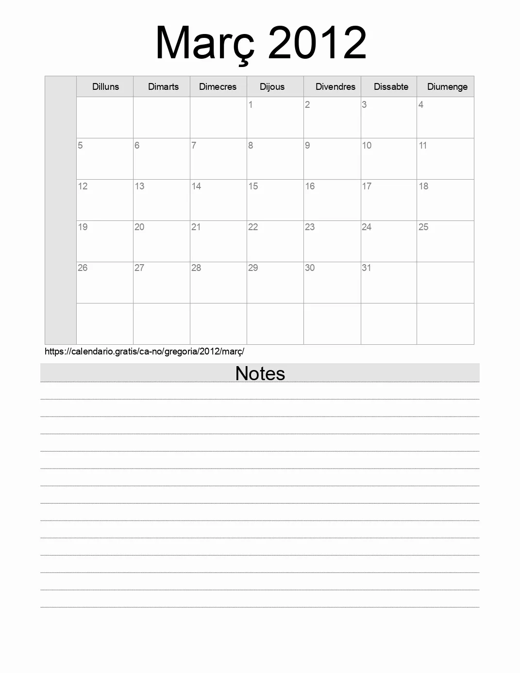 Calendari de Març 2012 per imprimir amb notes. (Noruega)