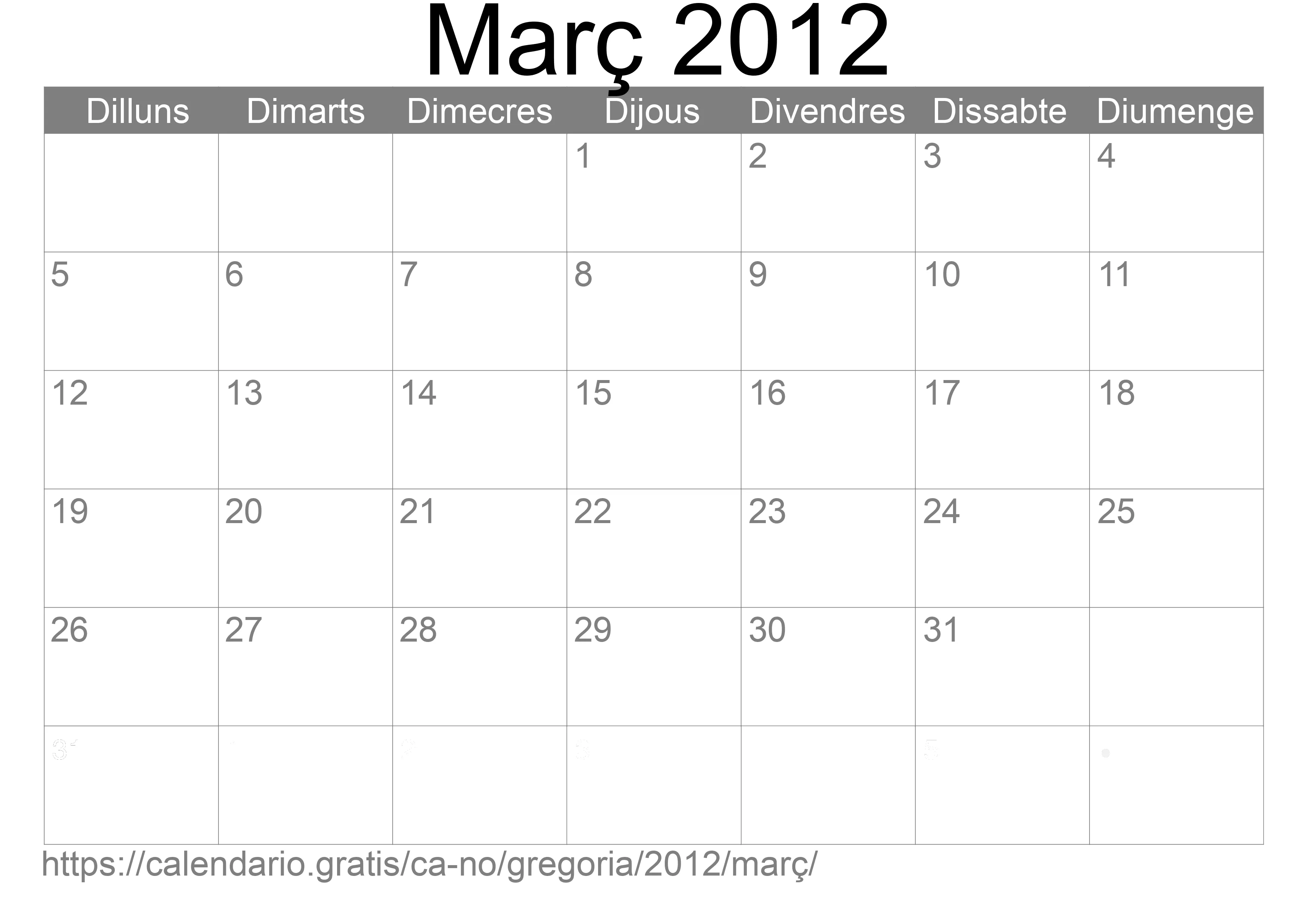 Calendari Març 2012 per imprimir (Noruega)