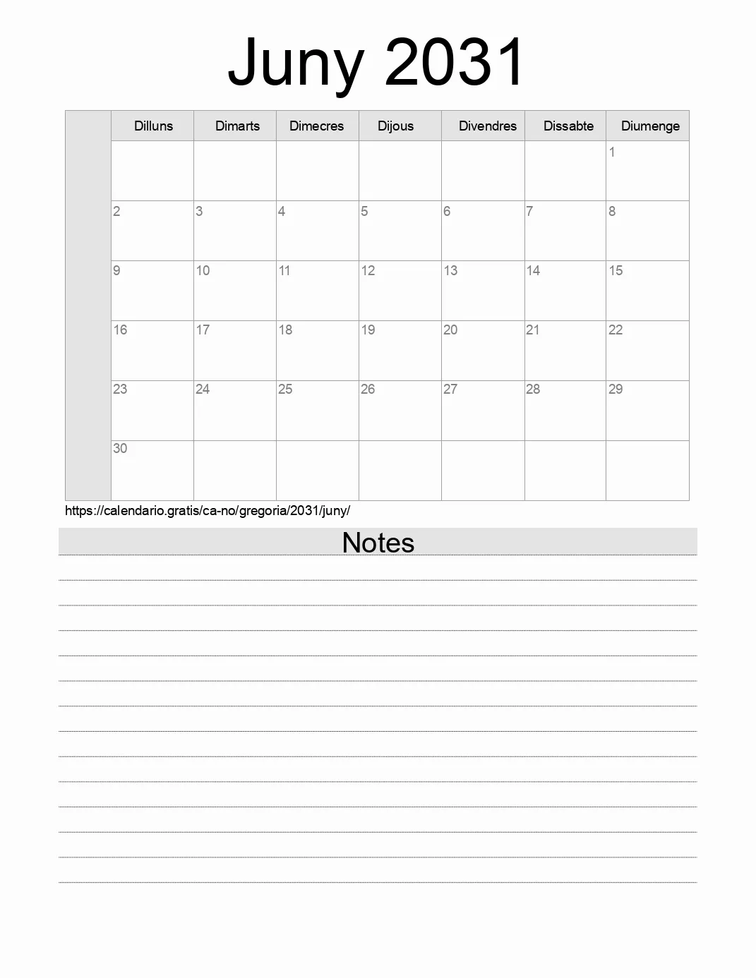 Calendari de Juny 2031 per imprimir amb notes. (Noruega)