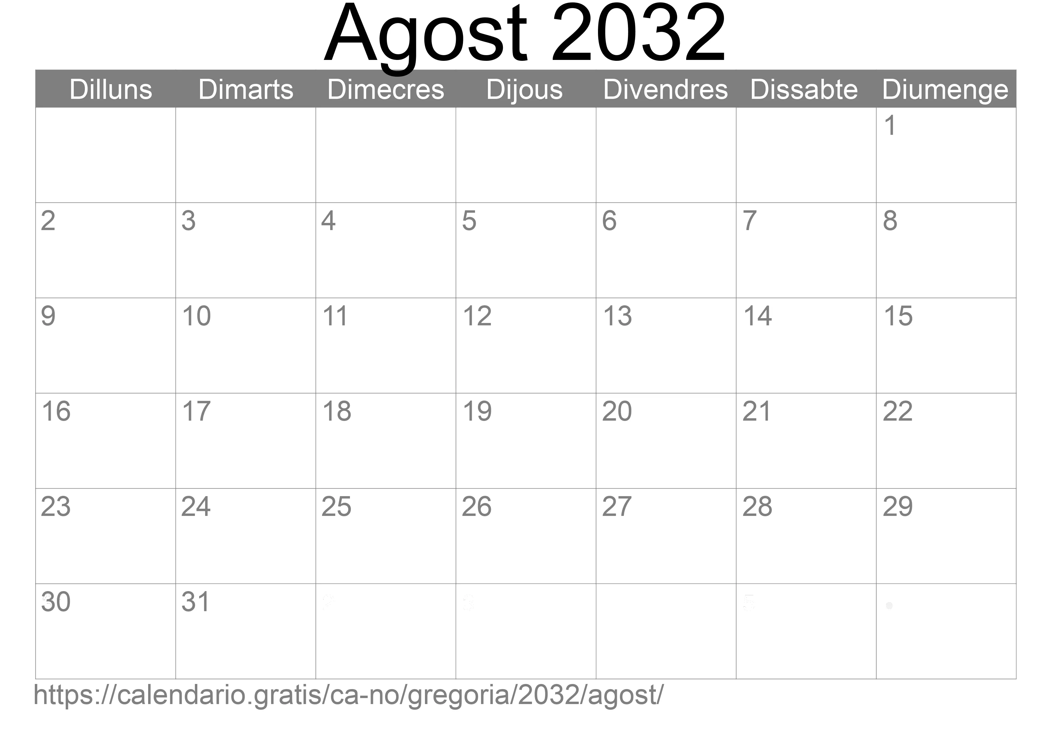 Calendari Agost 2032 per imprimir (Noruega)