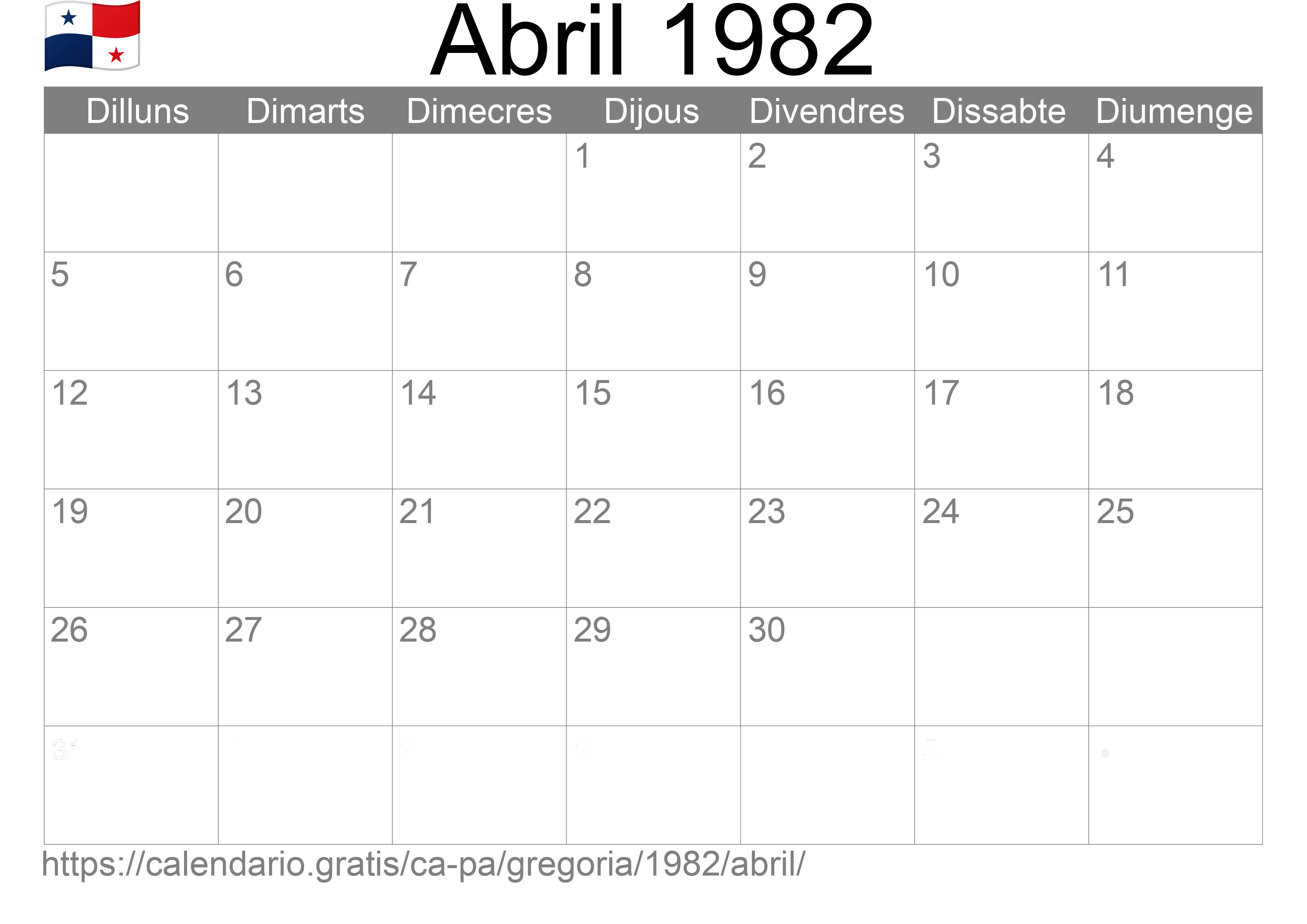 Calendari Abril 1982 per imprimir