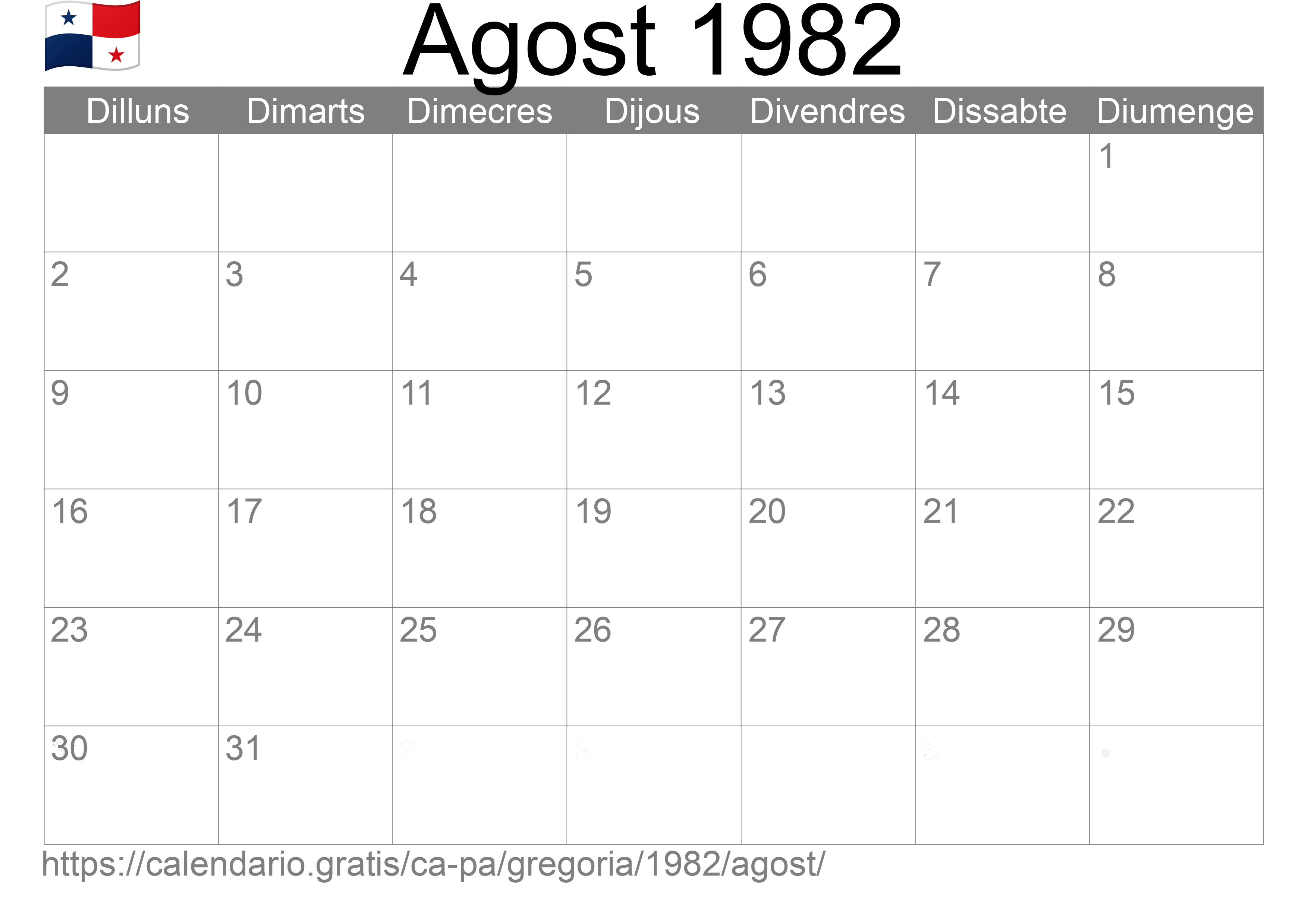 Calendari Agost 1982 per imprimir