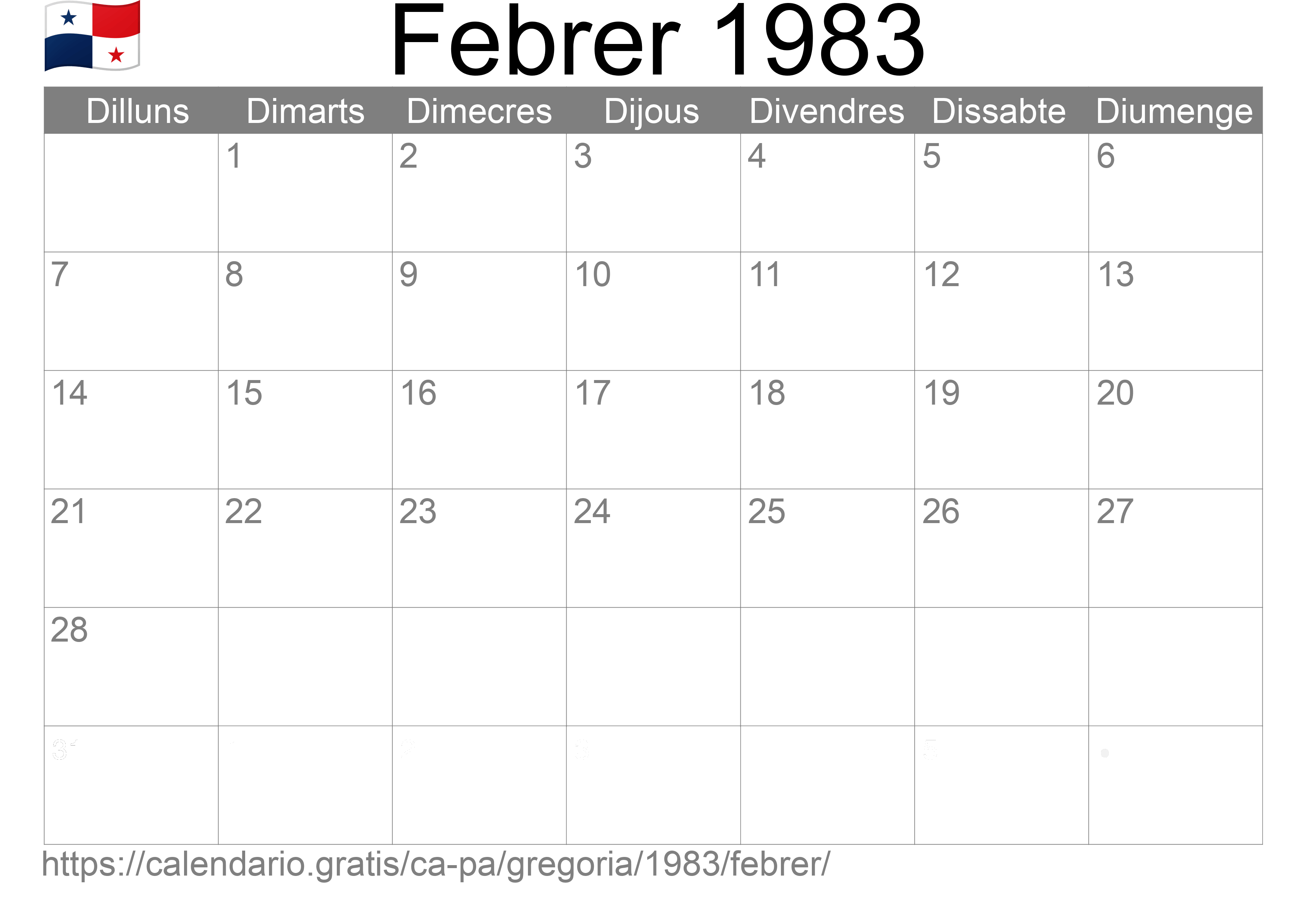 Calendari Febrer 1983 per imprimir