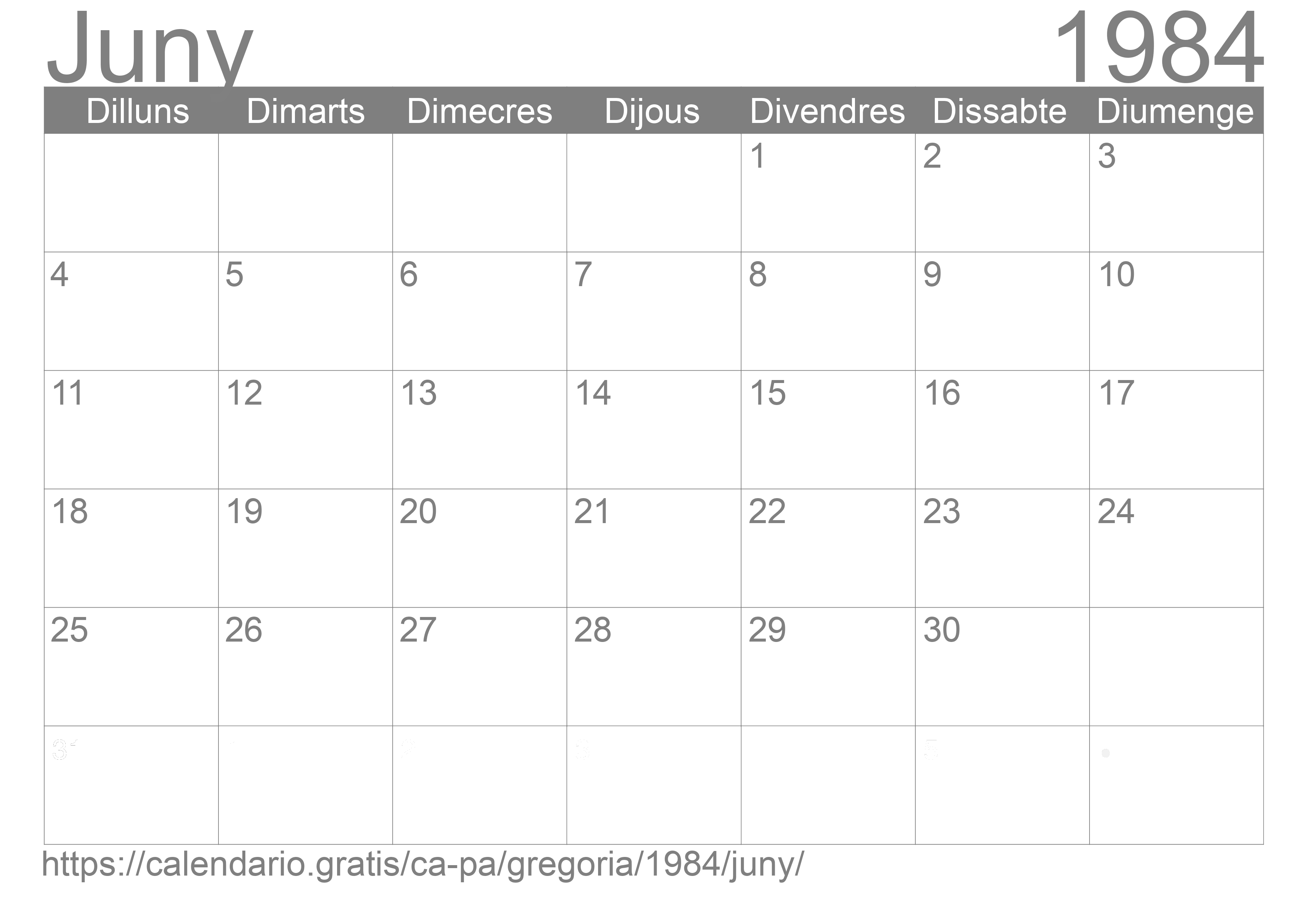 Calendari Juny 1984 per imprimir