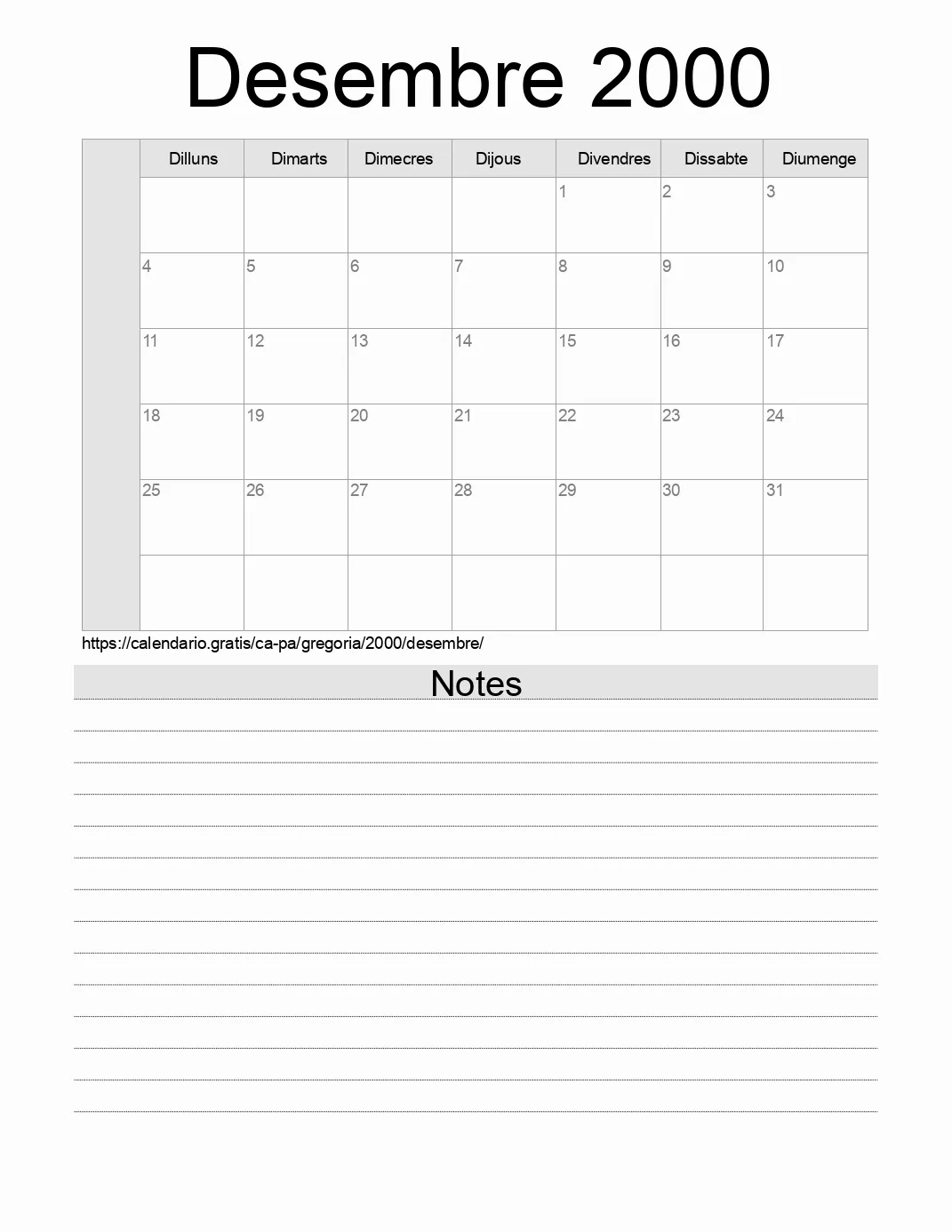 Calendari de Desembre 2000 per imprimir amb notes. (Panamà)