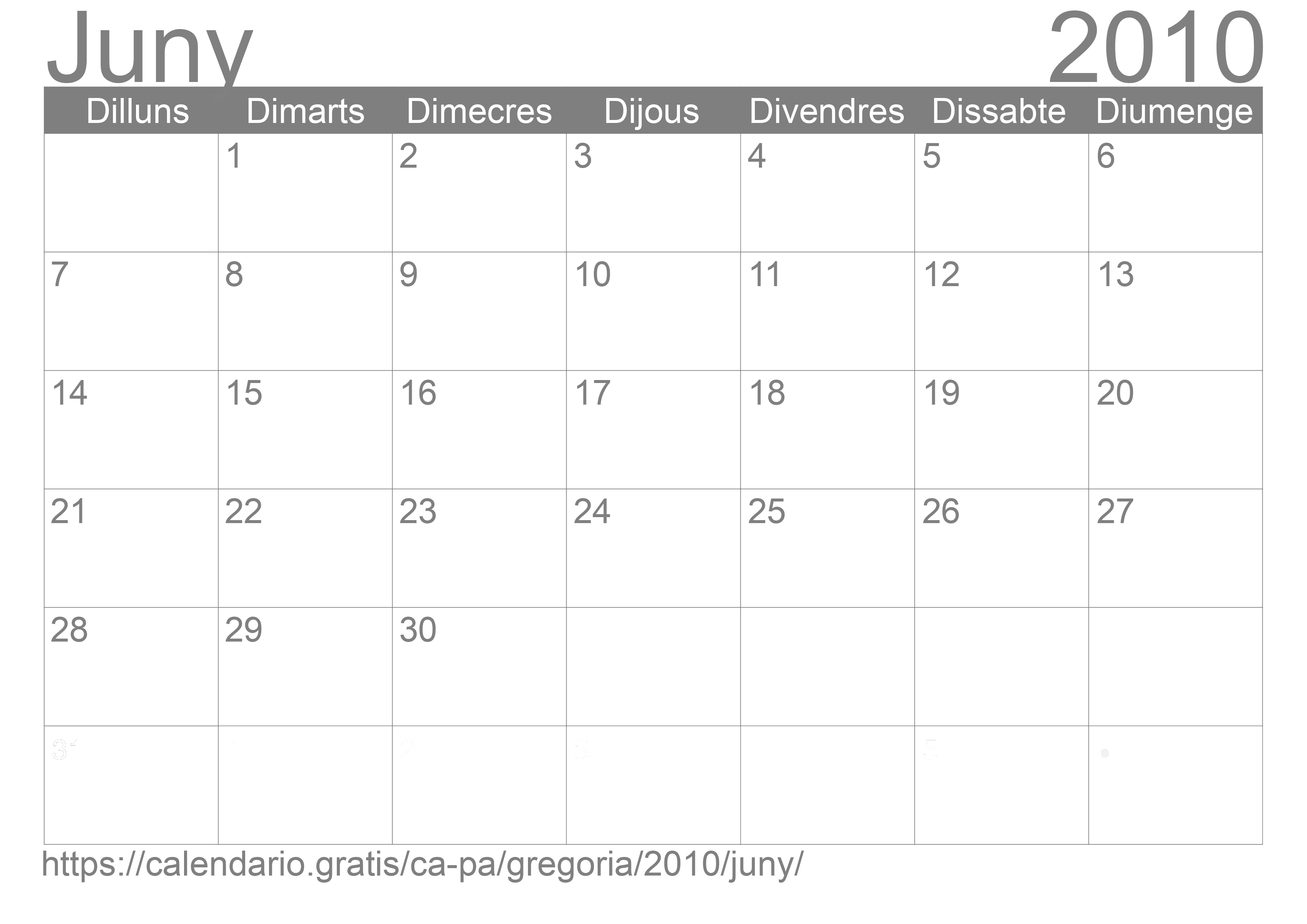Calendari Juny 2010 per imprimir