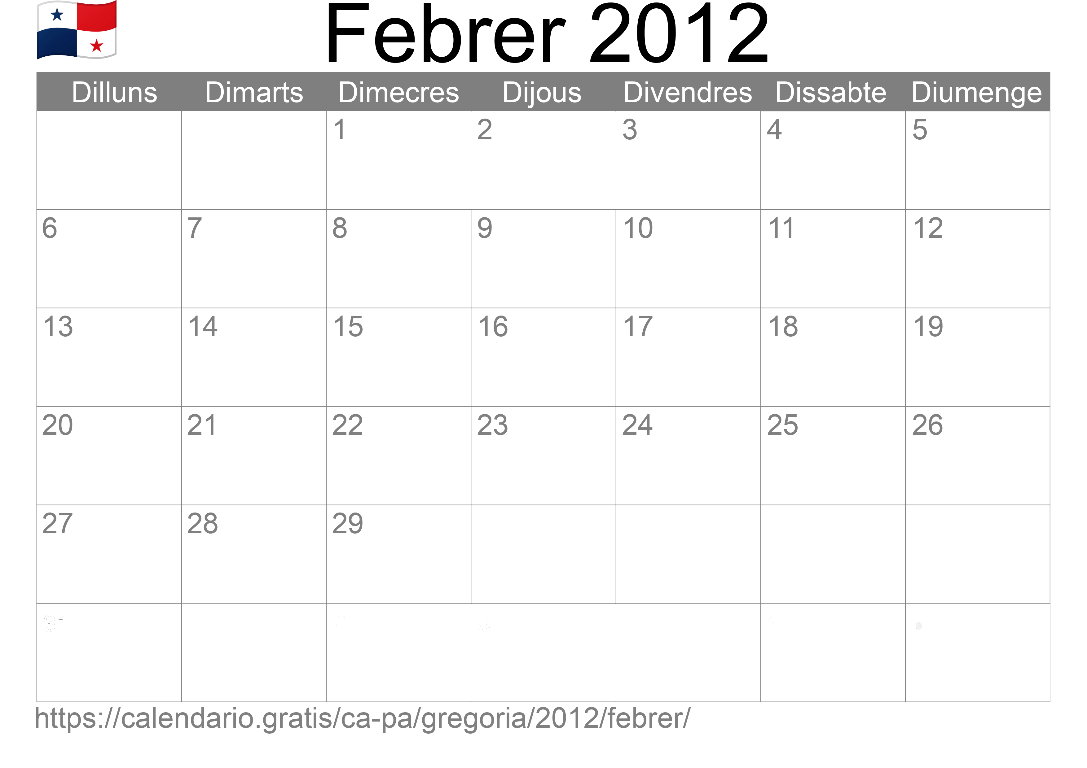 Calendari Febrer 2012 per imprimir