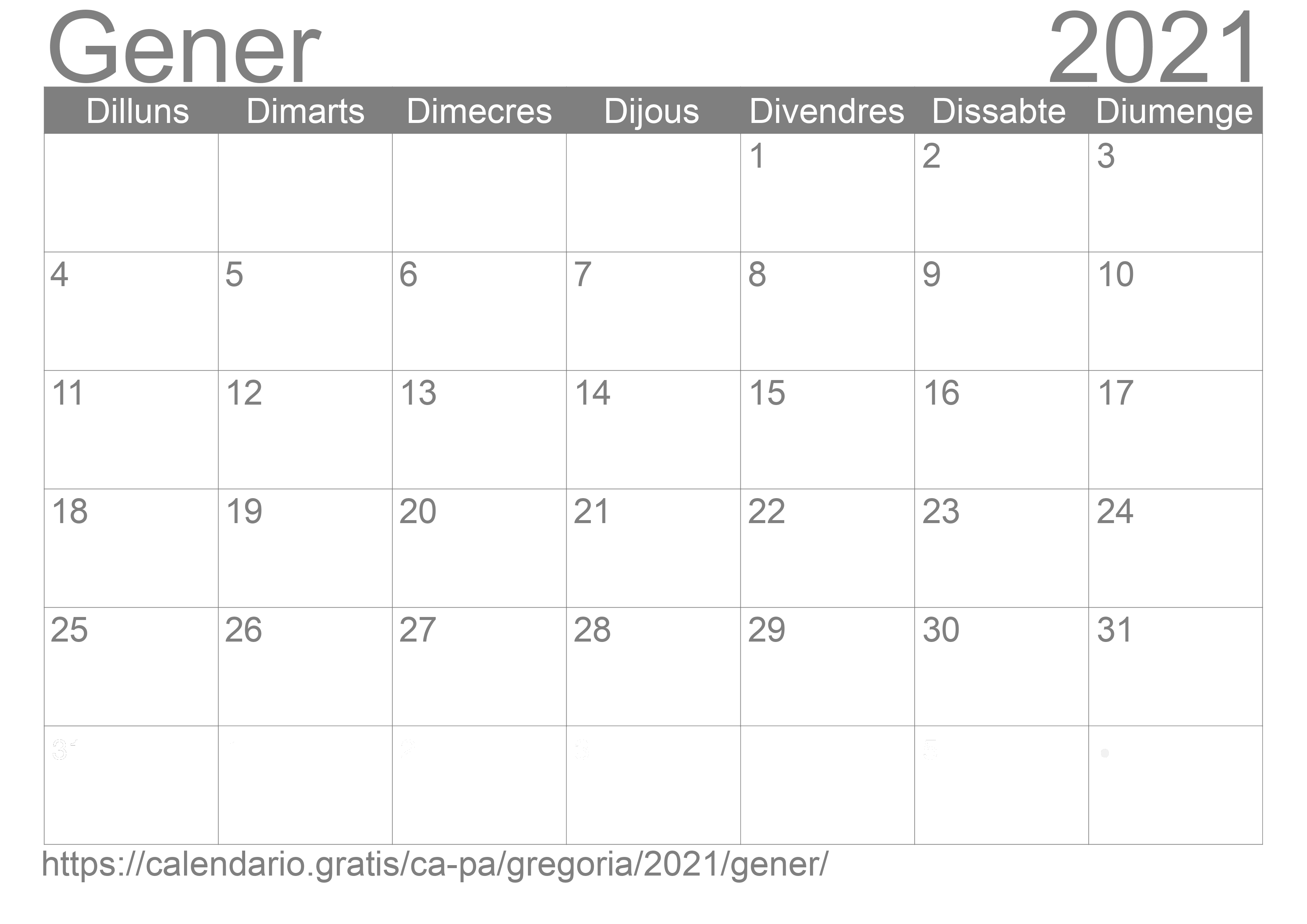Calendari Gener 2021 per imprimir