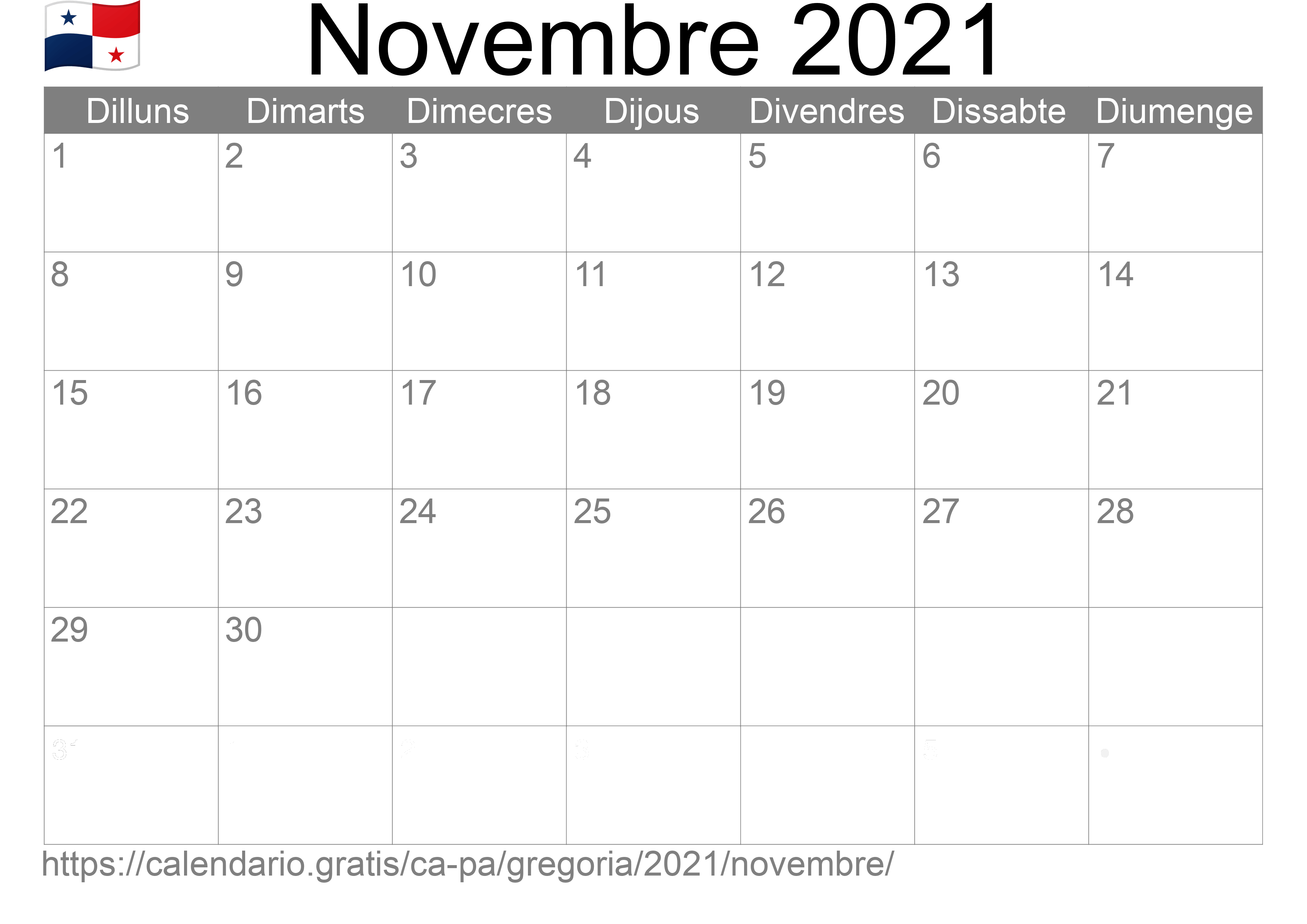 Calendari Novembre 2021 per imprimir