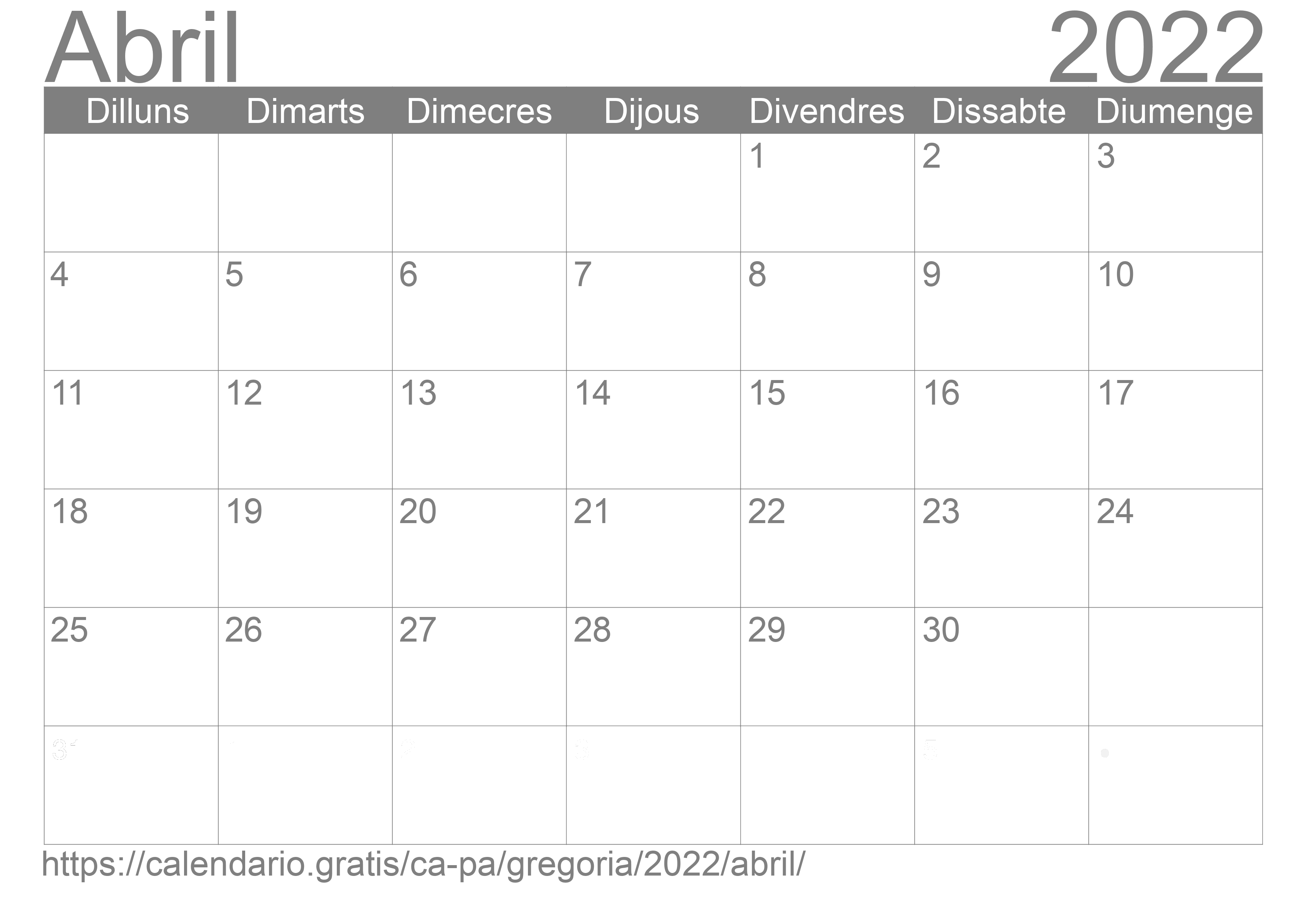 Calendari Abril 2022 per imprimir