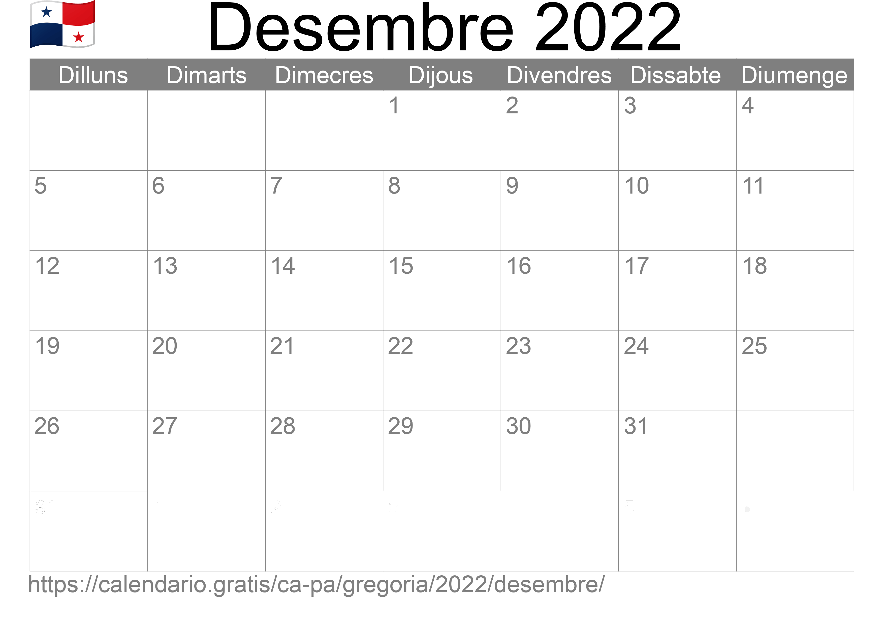 Calendari Desembre 2022 per imprimir