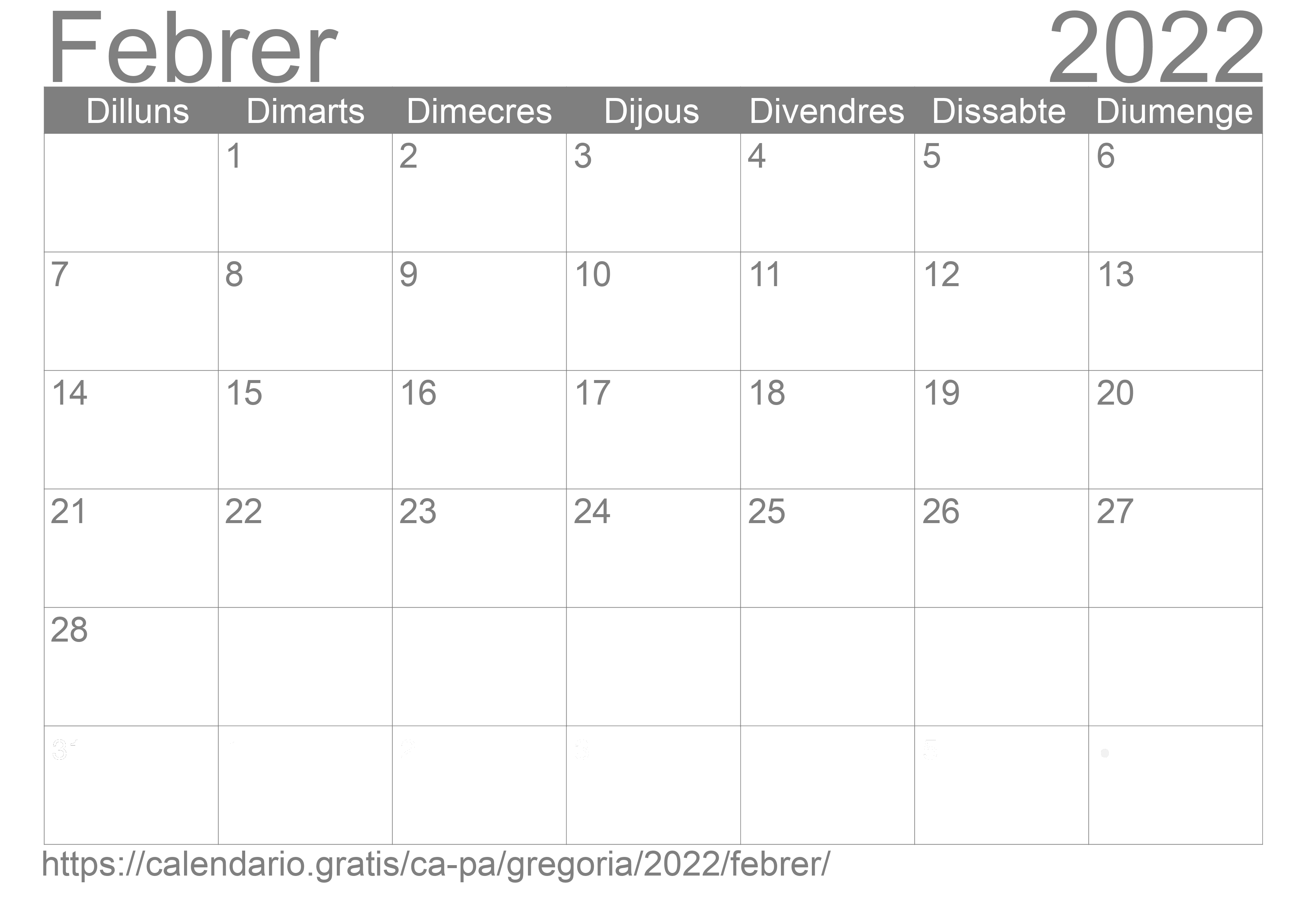 Calendari Febrer 2022 per imprimir