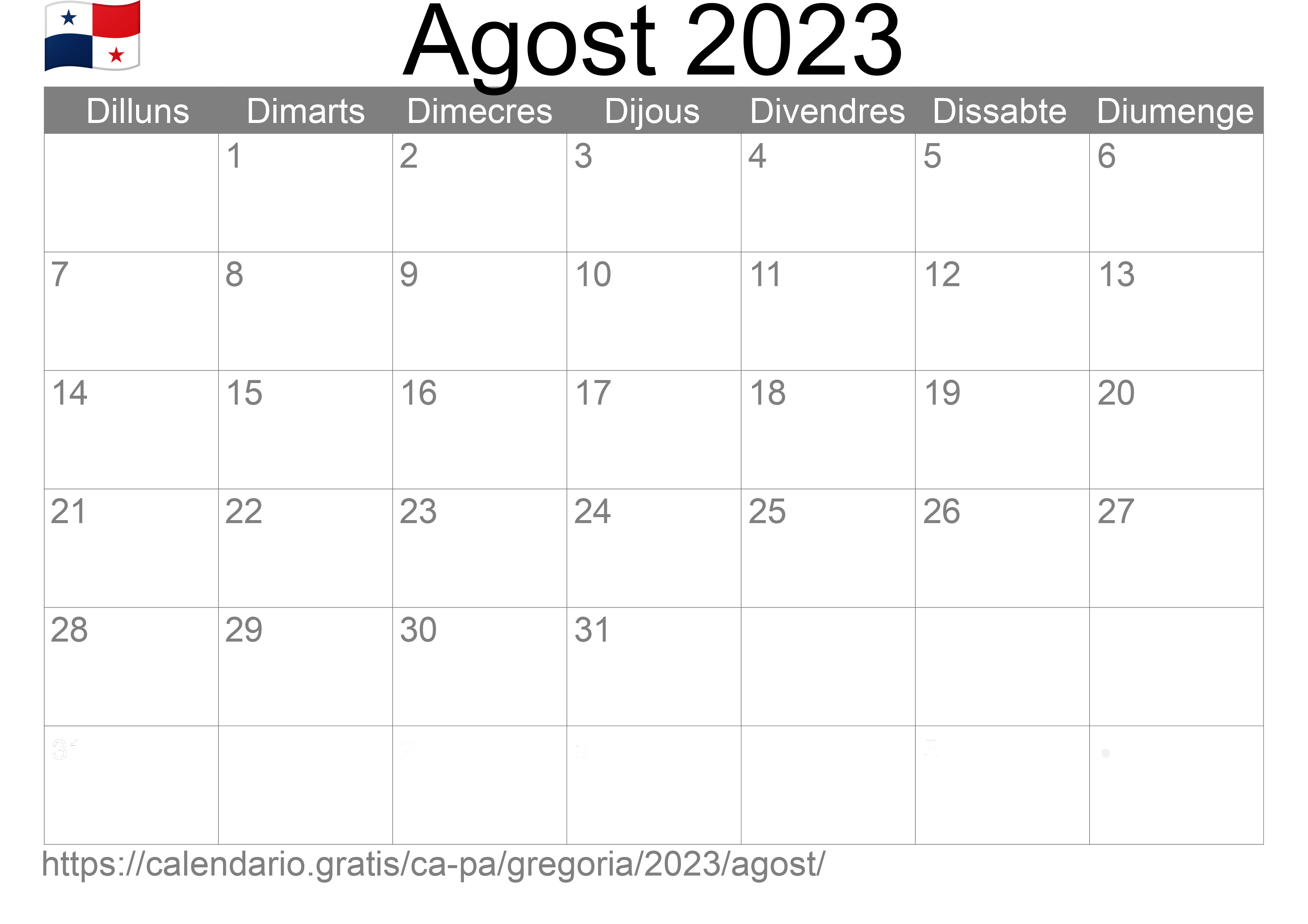 Calendari Agost 2023 per imprimir