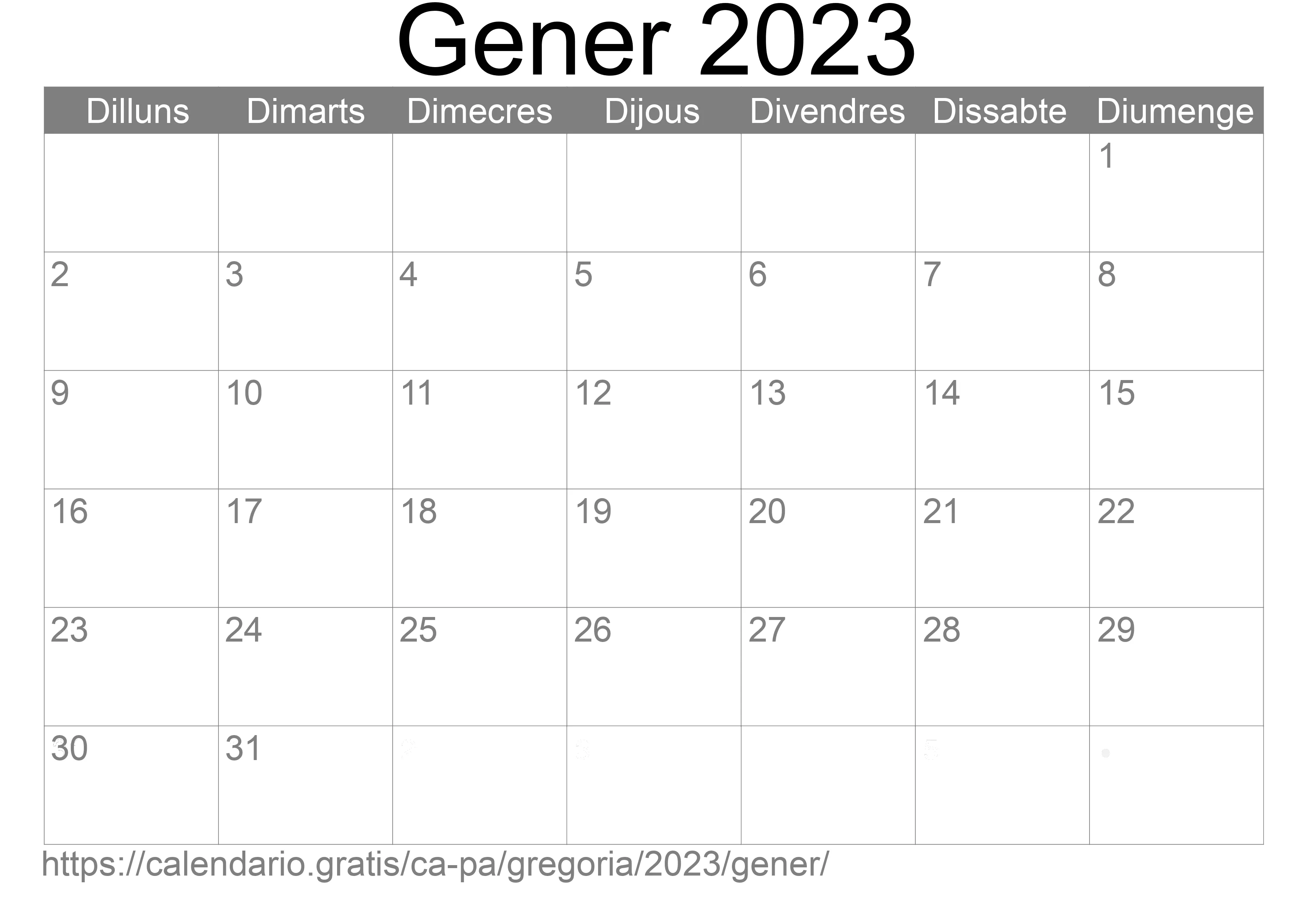 Calendari Gener 2023 per imprimir (Panamà)