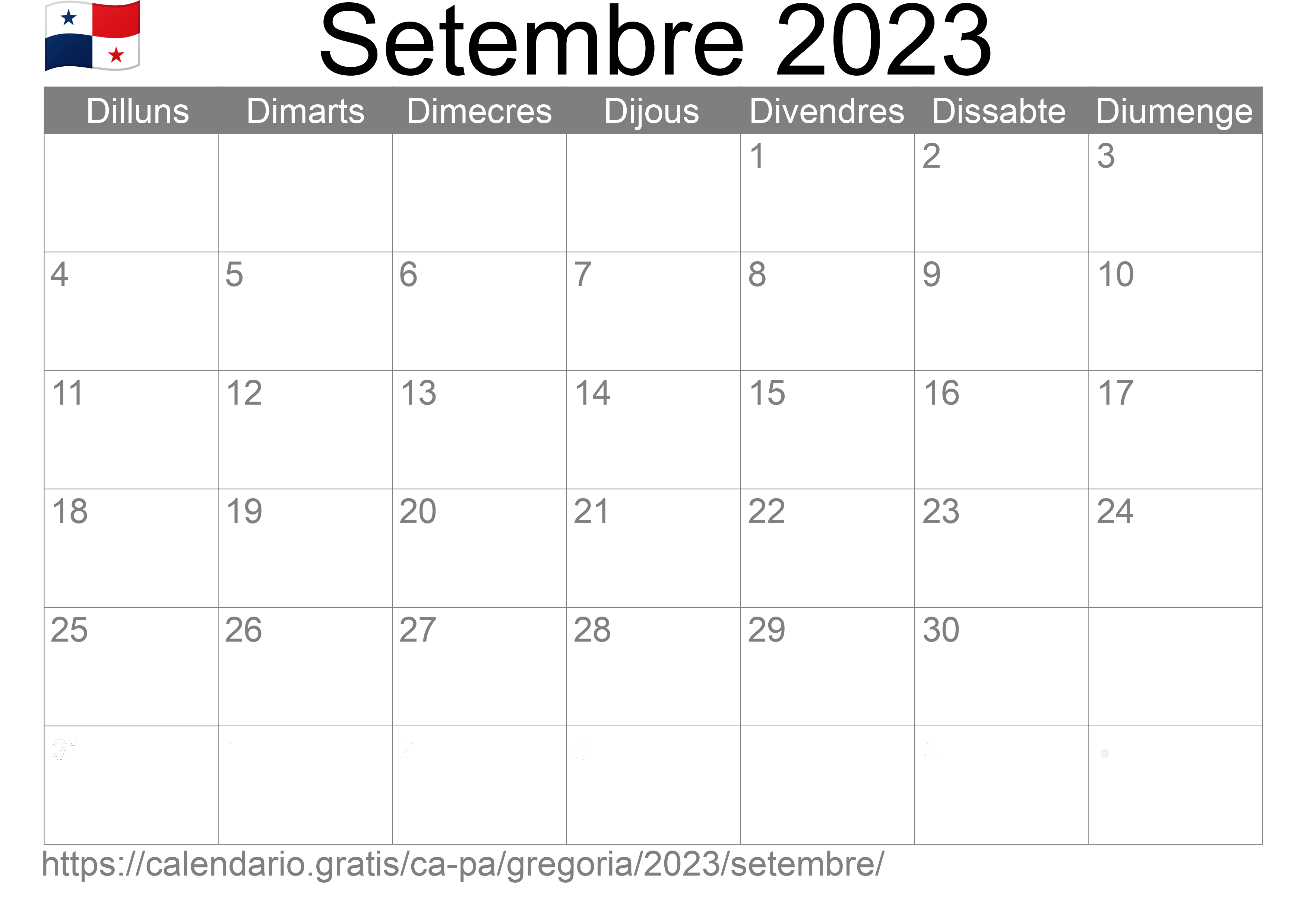 Calendari Setembre 2023 per imprimir