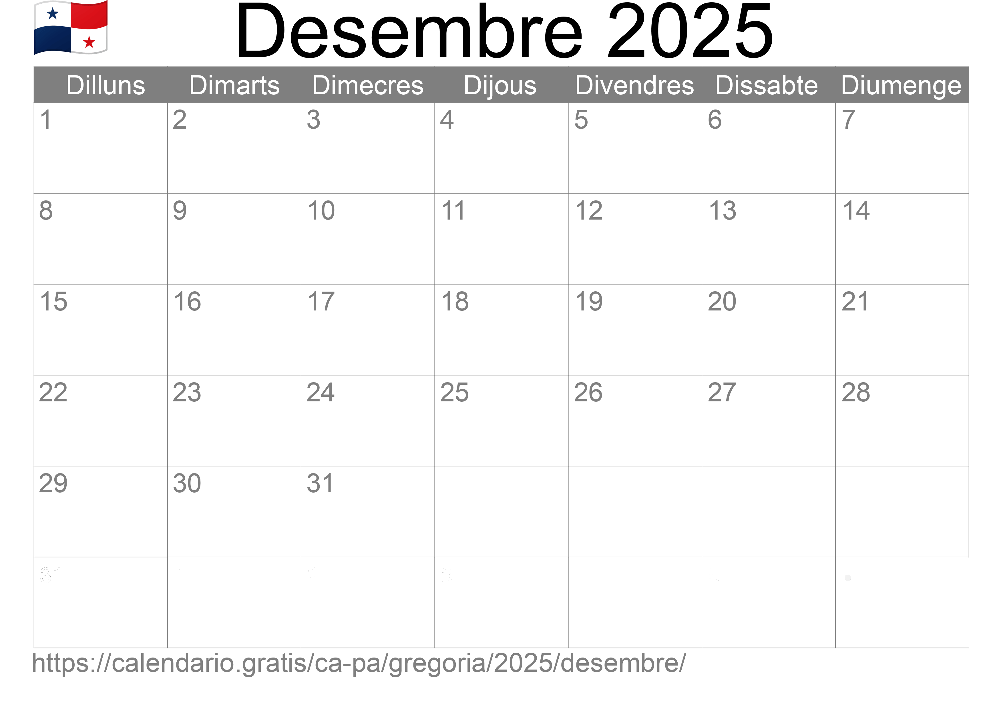 Calendari Desembre 2025 per imprimir