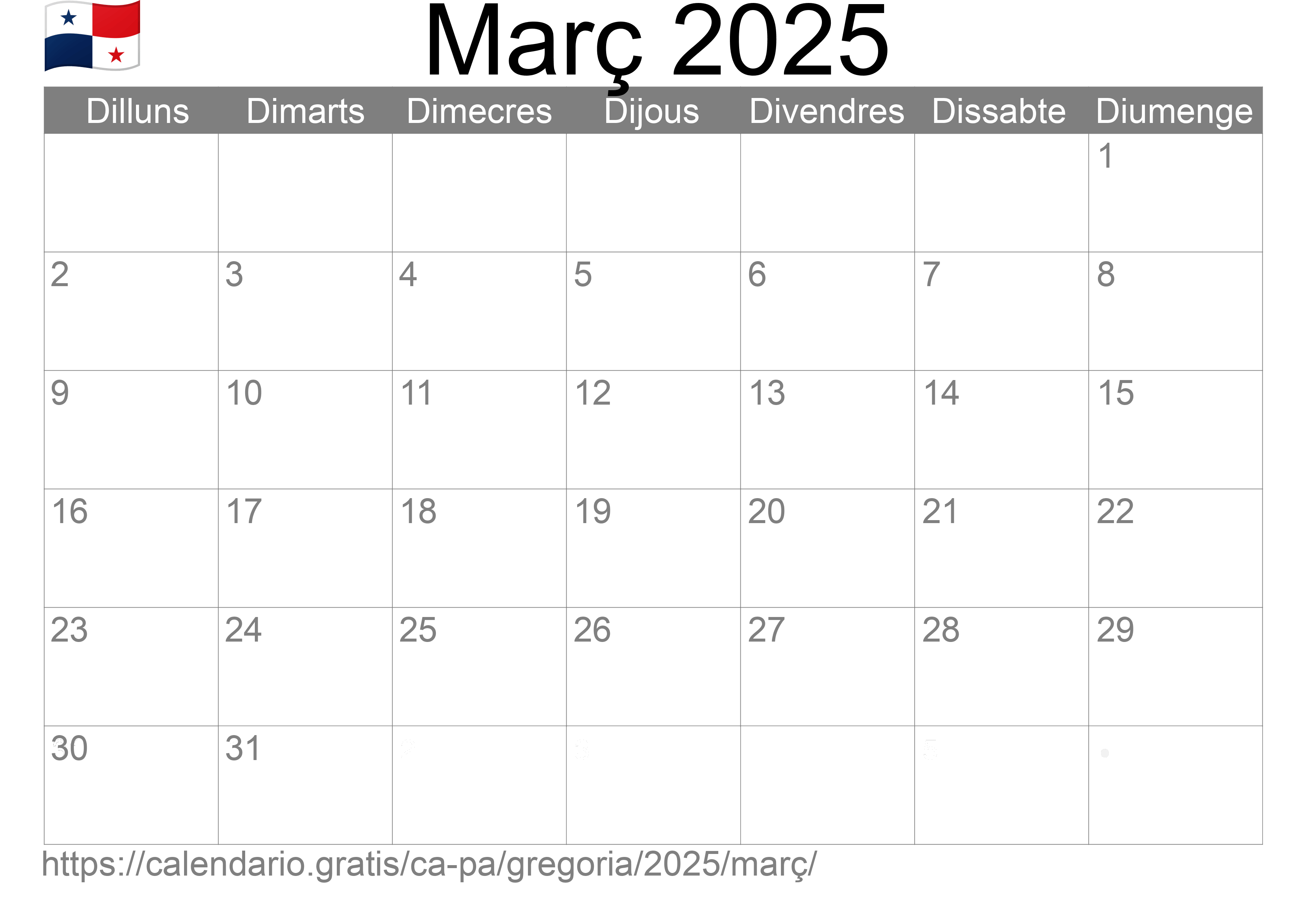 Calendari Març 2025 per imprimir