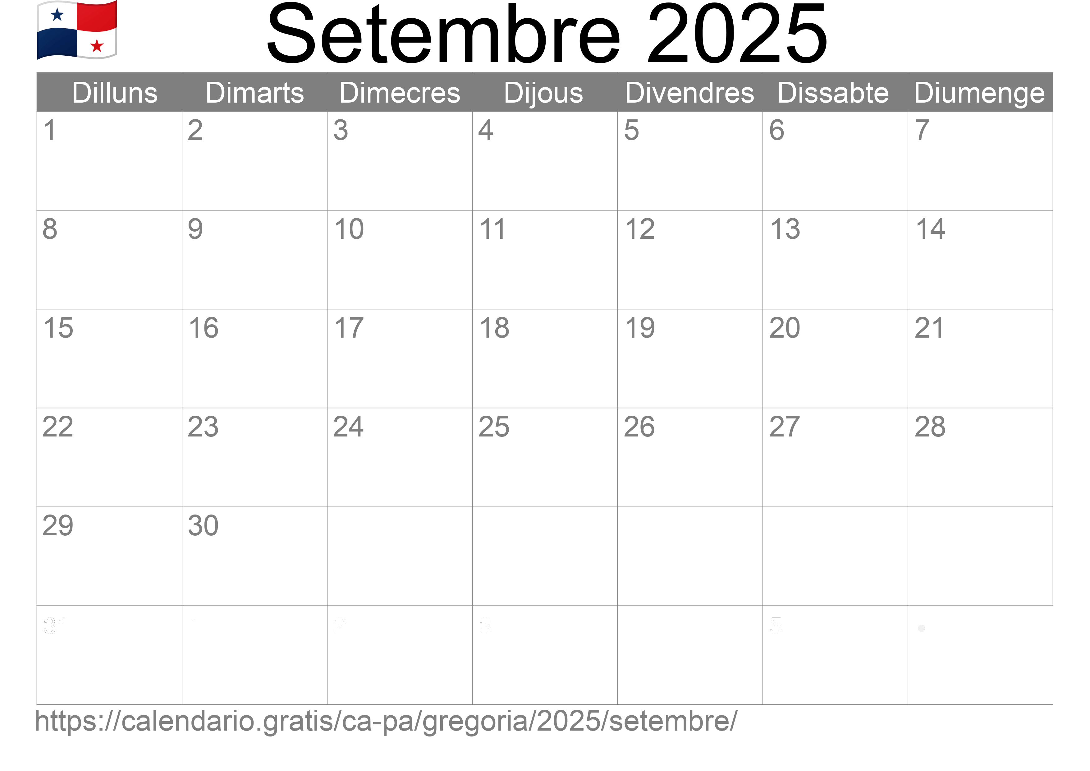 Calendari Setembre 2025 per imprimir