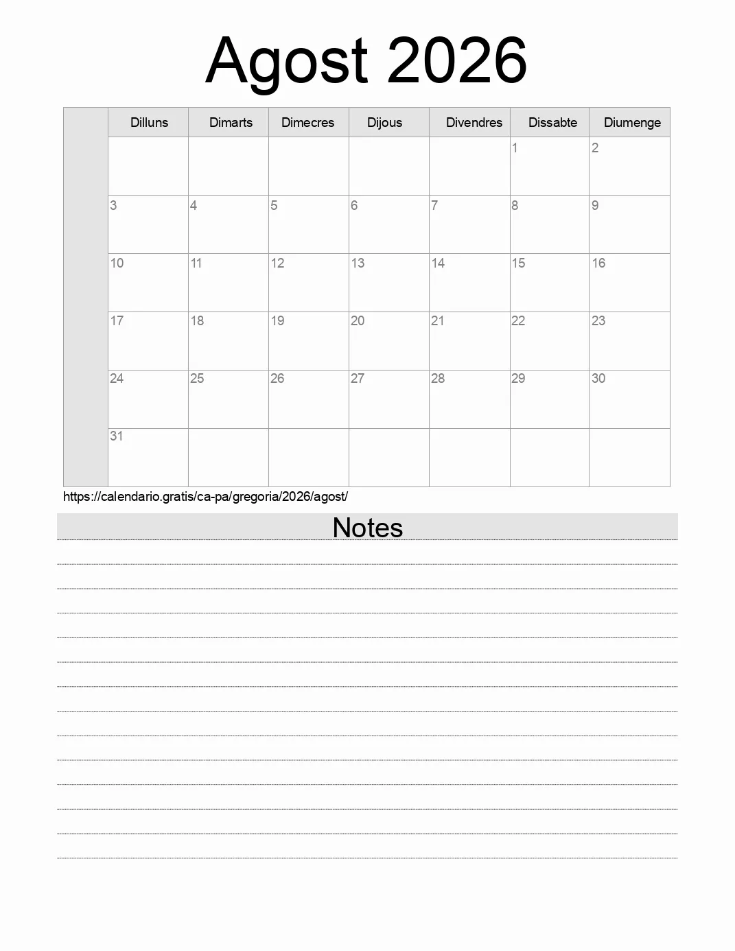 Calendari de Agost 2026 per imprimir amb notes. (Panamà)