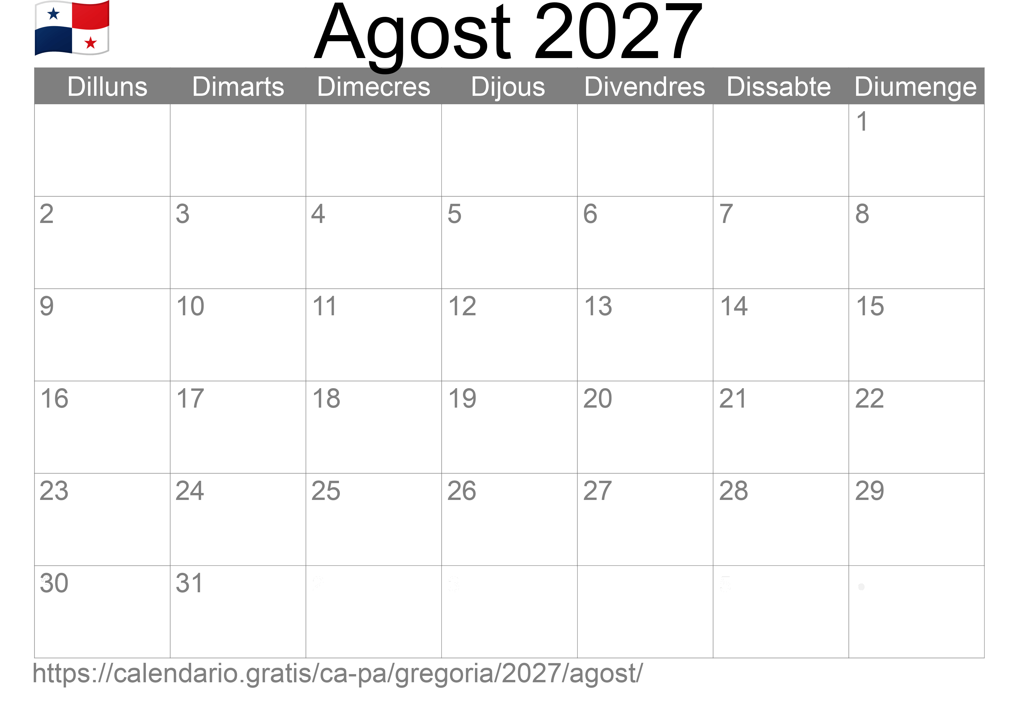 Calendari Agost 2027 per imprimir