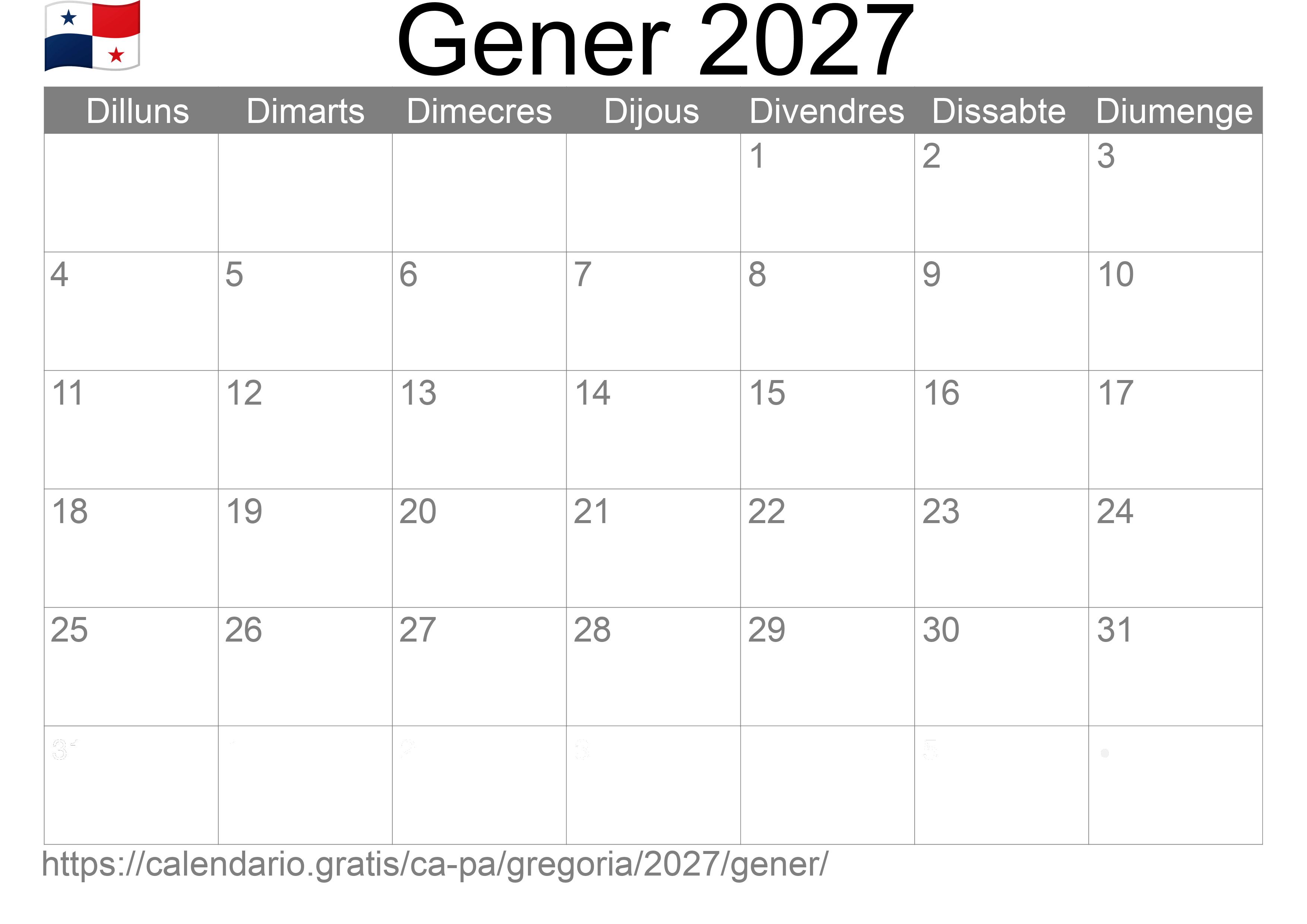 Calendari Gener 2027 per imprimir