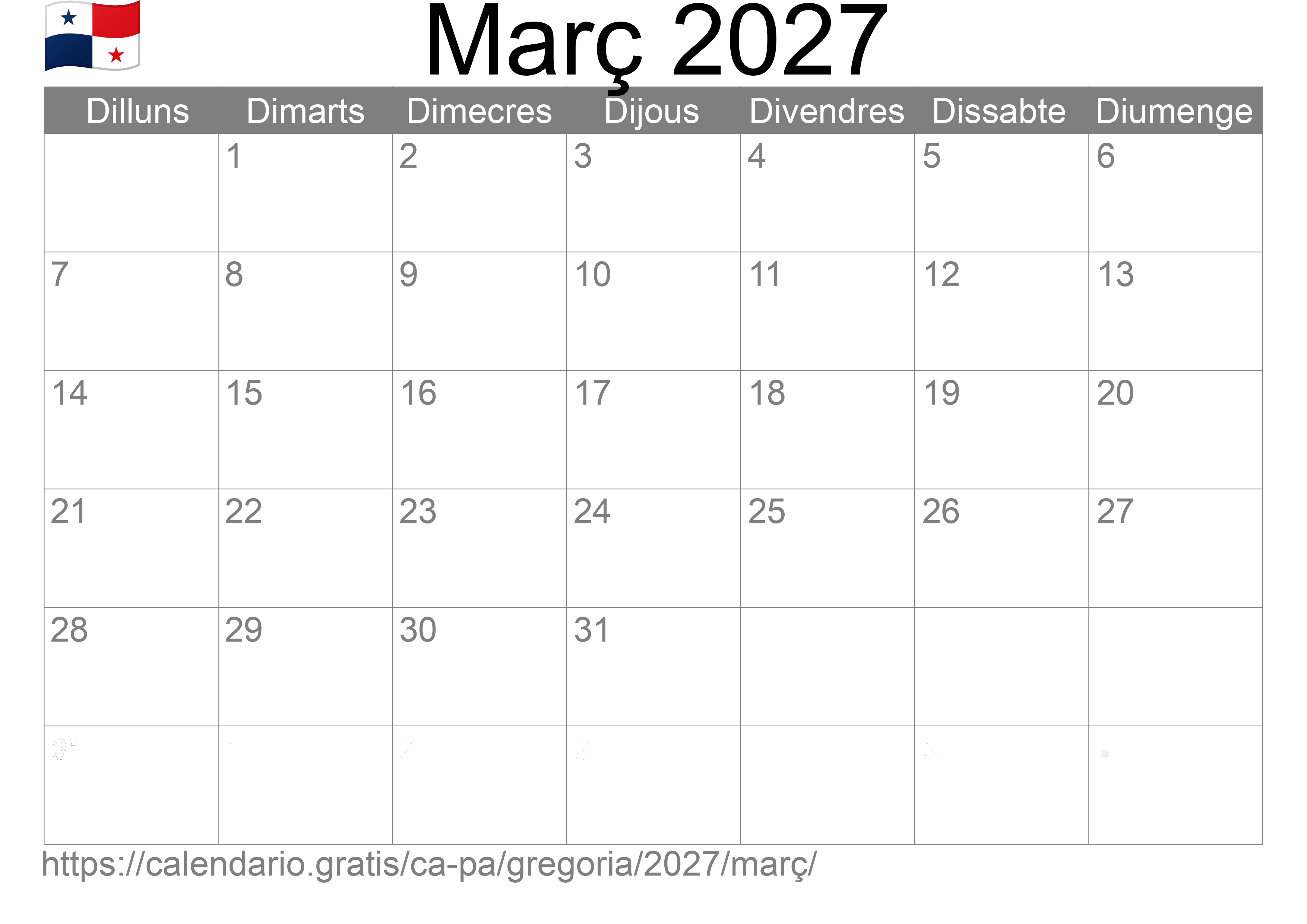 Calendari Març 2027 per imprimir