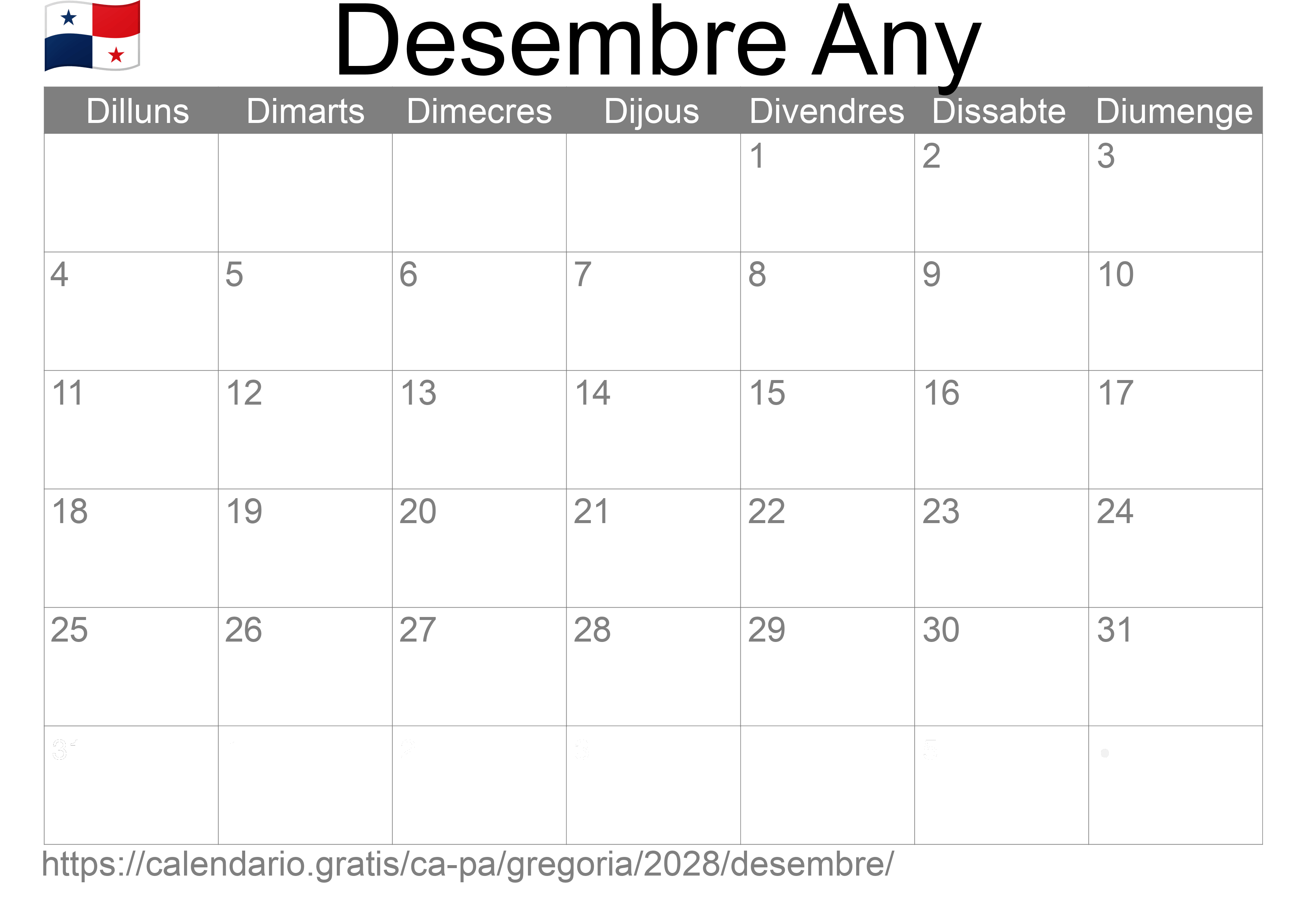 Calendari Desembre 2028 per imprimir