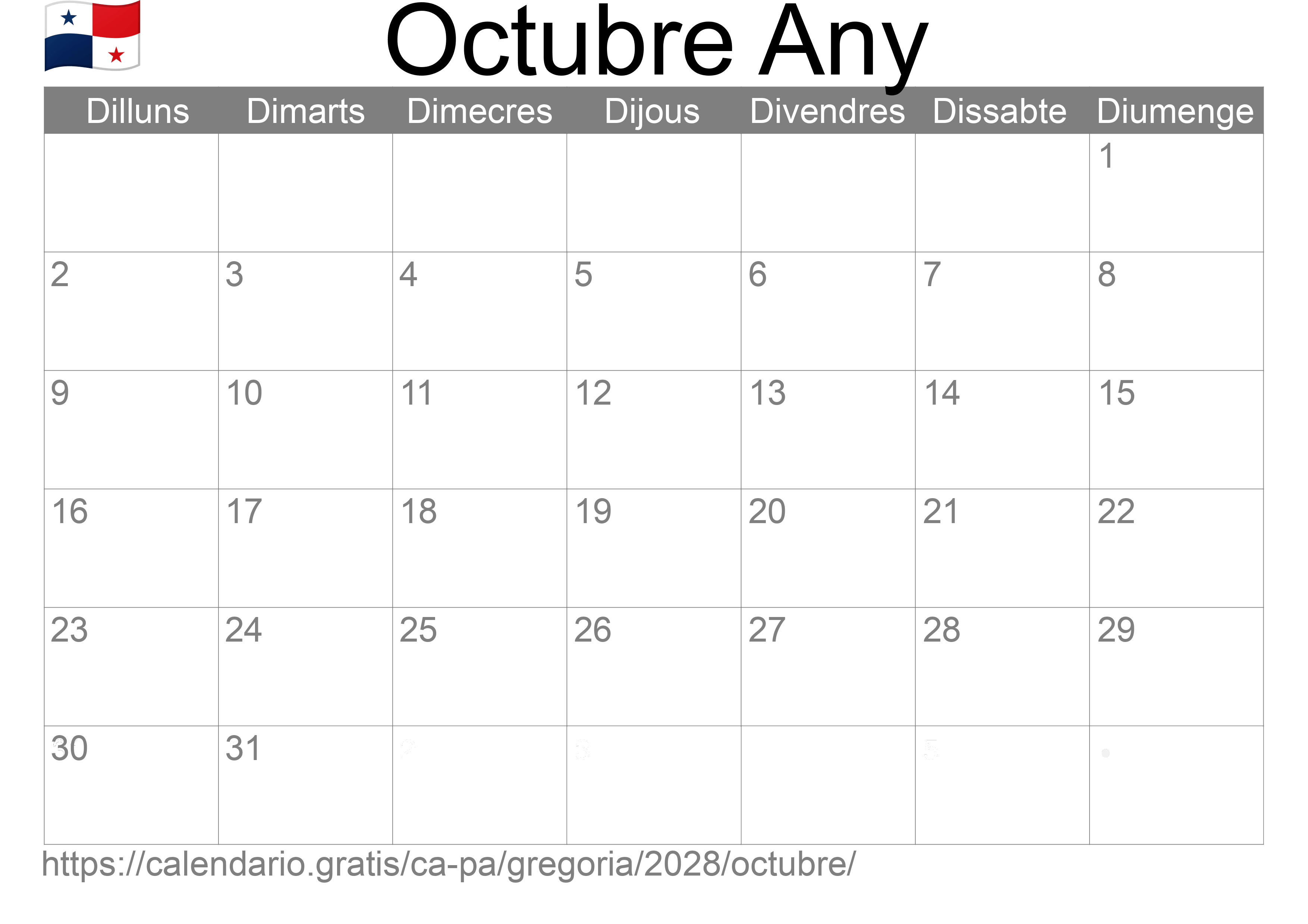 Calendari Octubre 2028 per imprimir