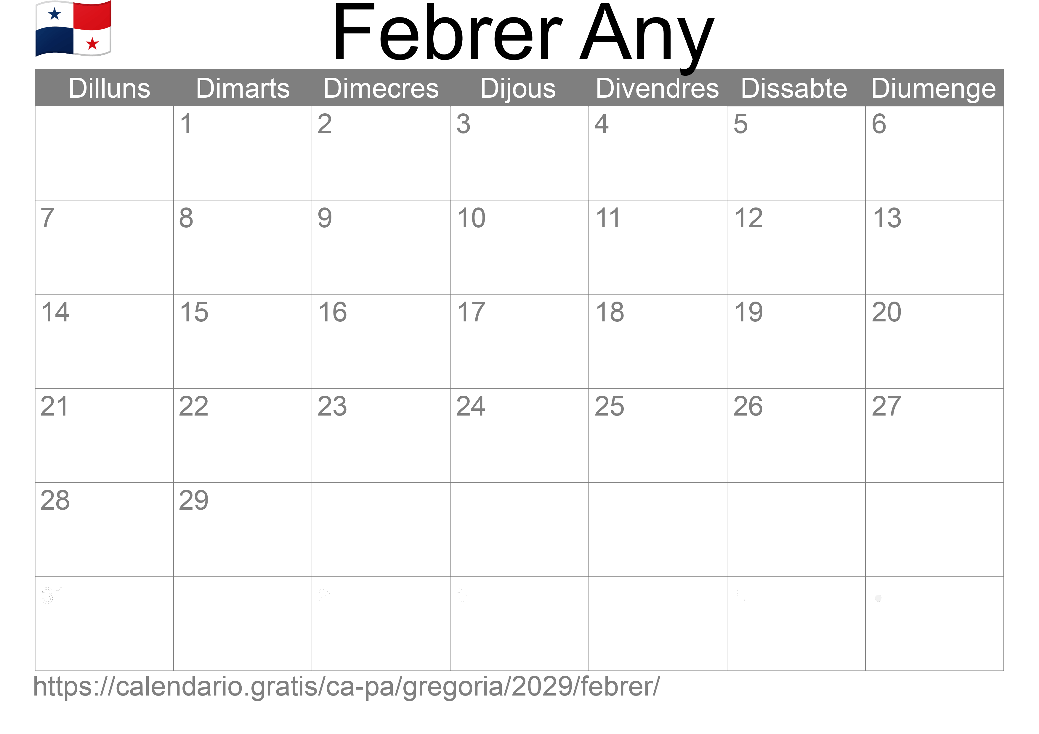 Calendari Febrer 2029 per imprimir