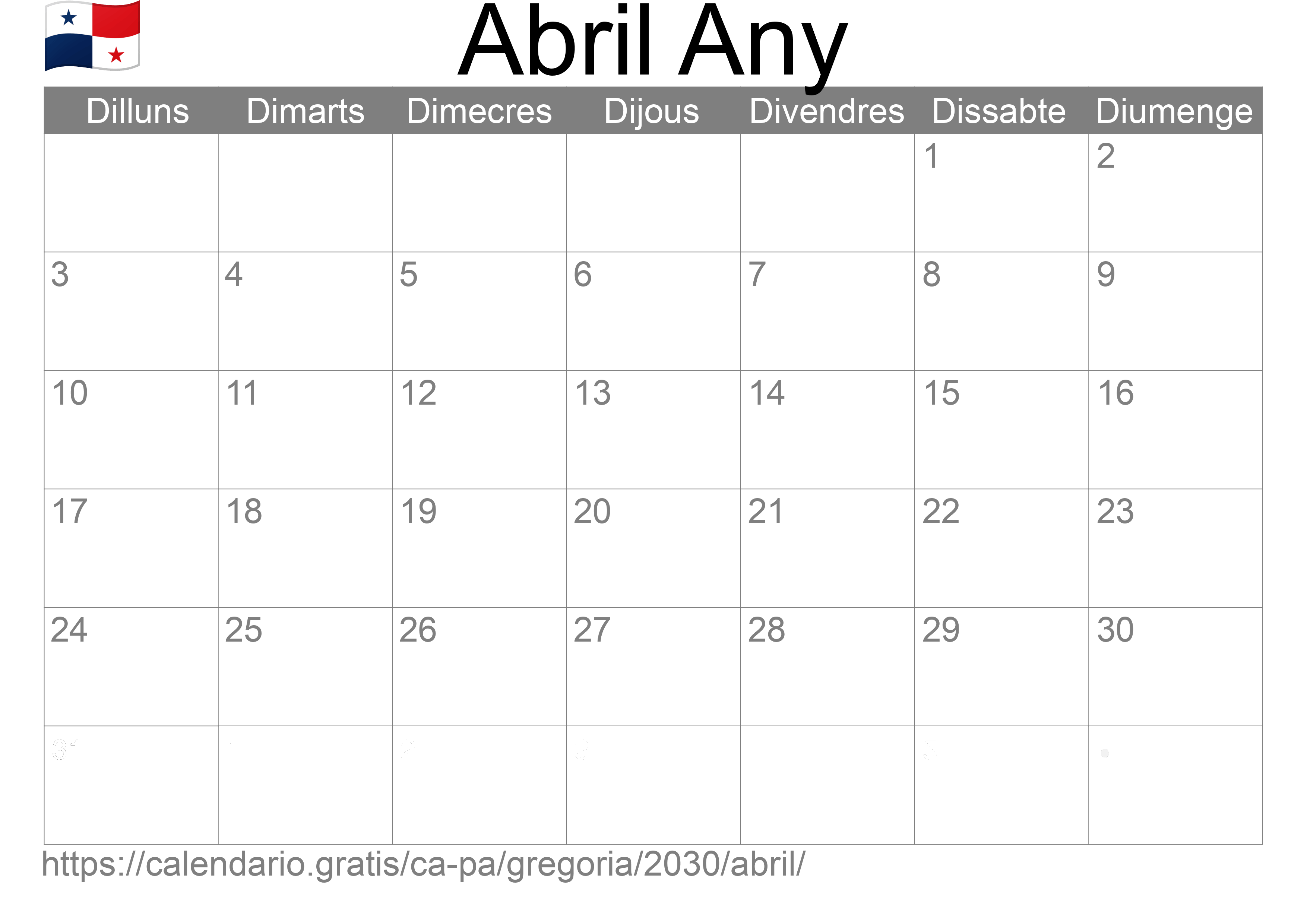 Calendari Abril 2030 per imprimir