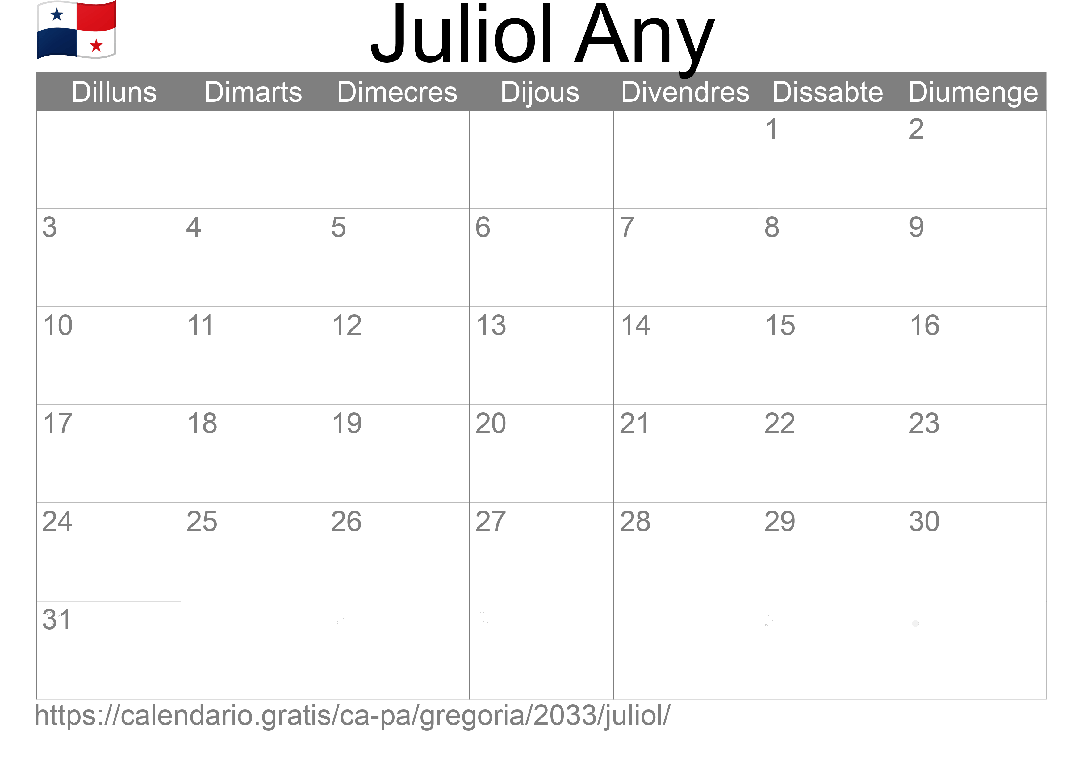 Calendari Juliol 2033 per imprimir