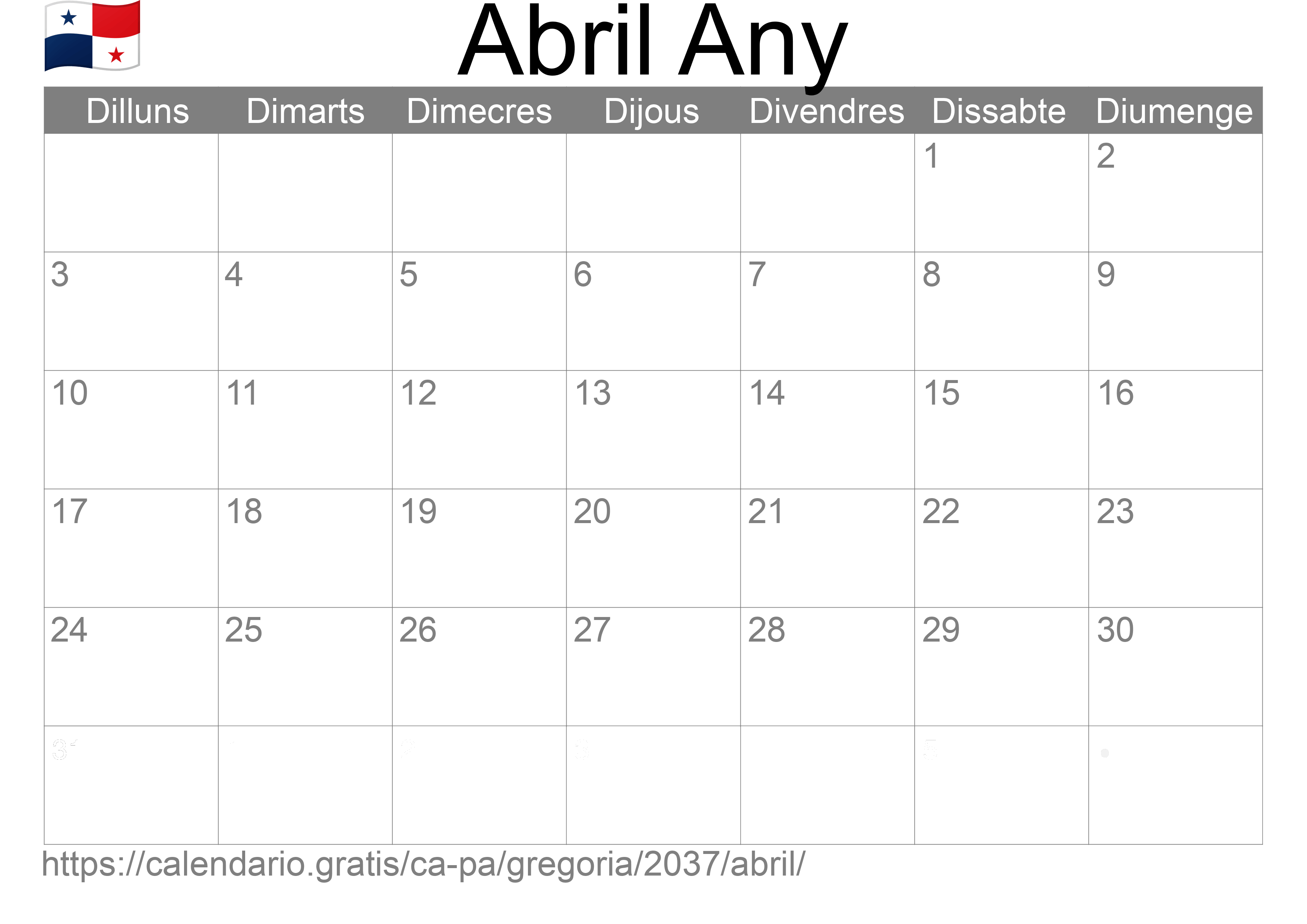 Calendari Abril 2037 per imprimir