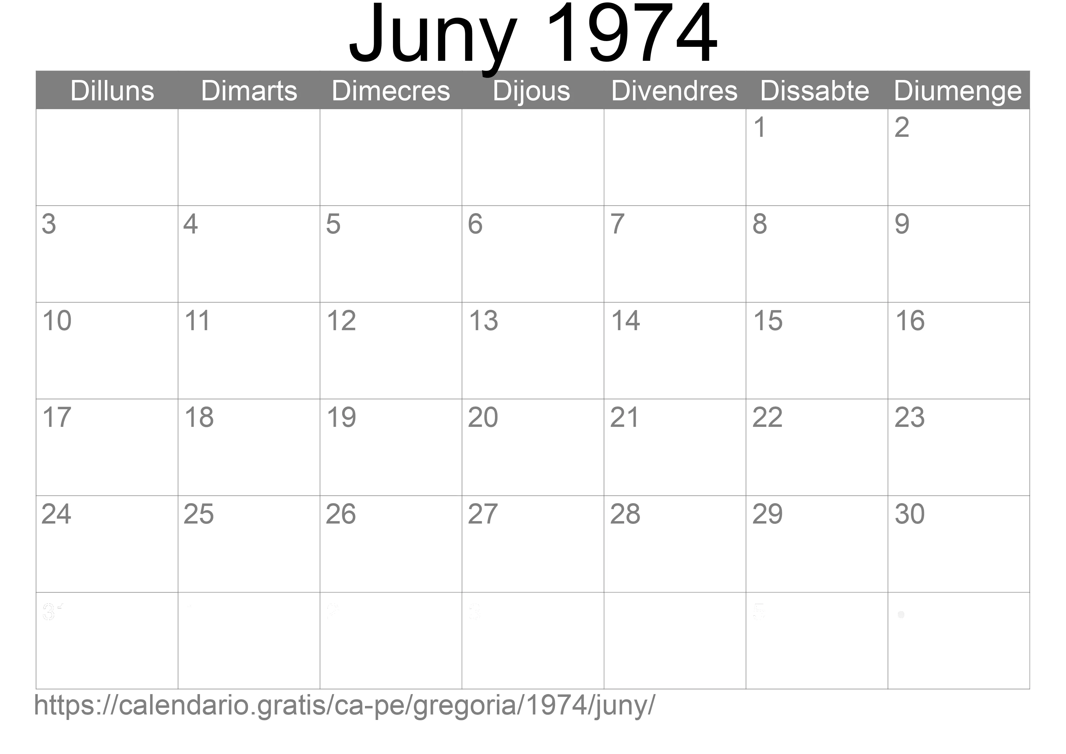Calendari Juny 1974 per imprimir (Perú)