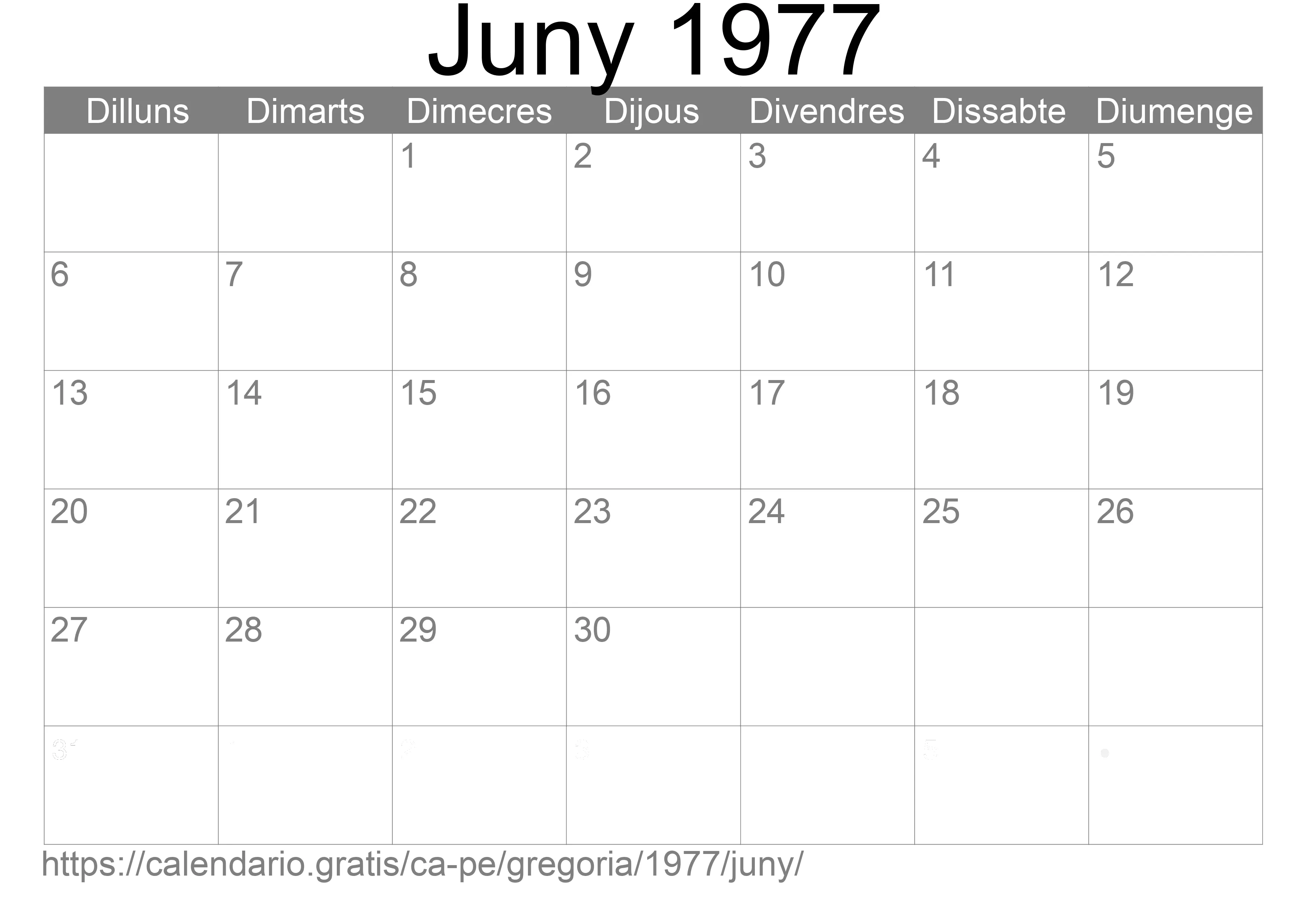 Calendari Juny 1977 per imprimir (Perú)