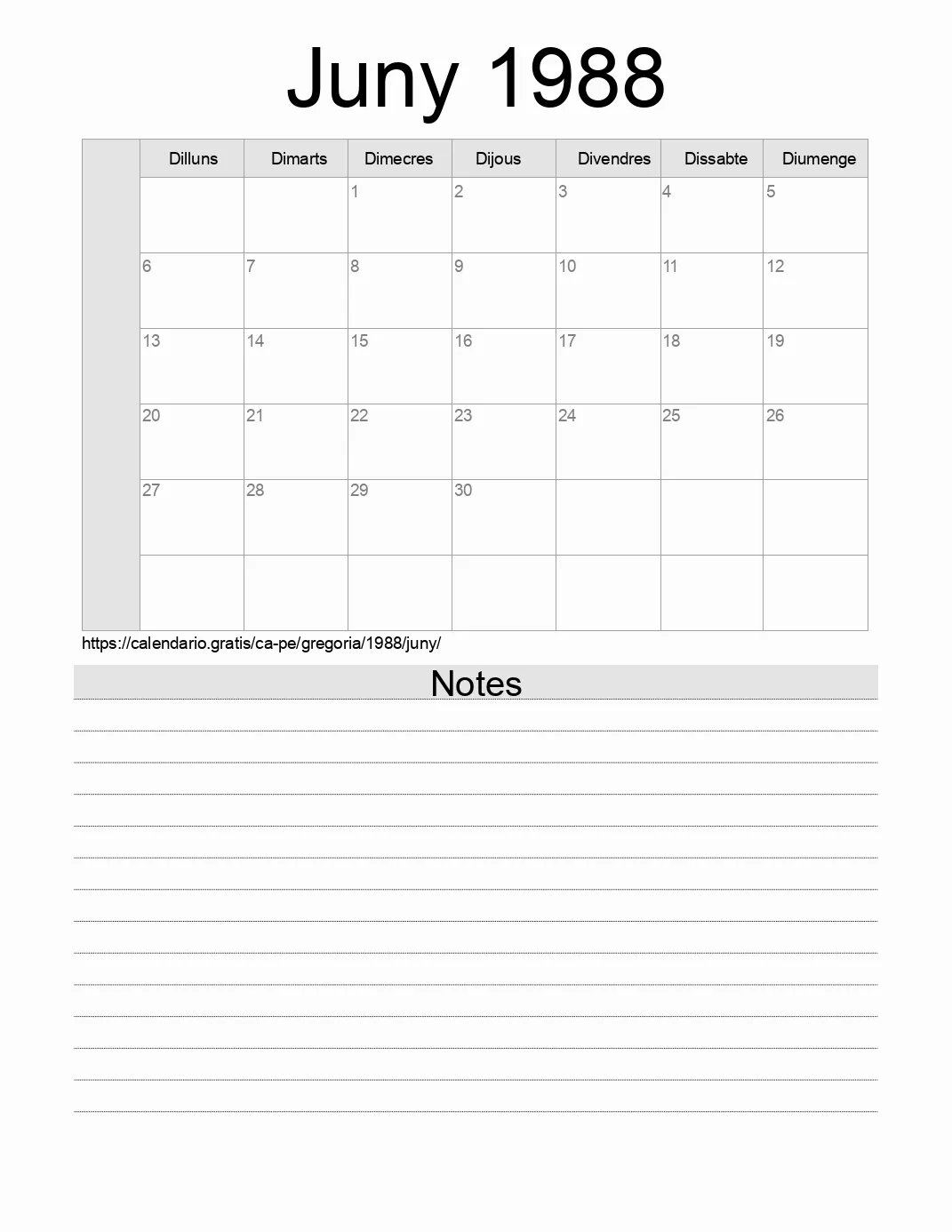 Calendari de Juny 1988 per imprimir amb notes. (Perú)