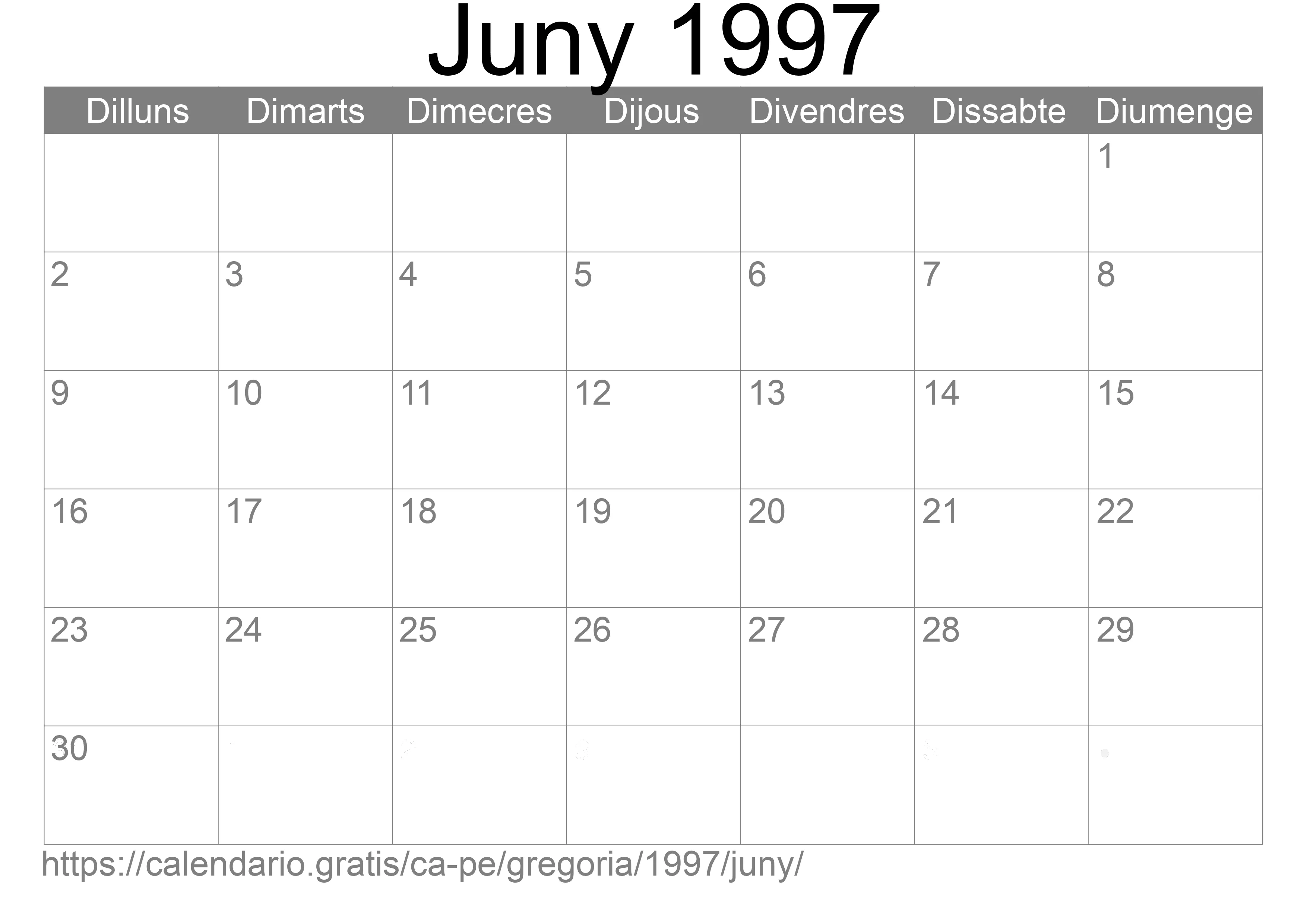 Calendari Juny 1997 per imprimir (Perú)