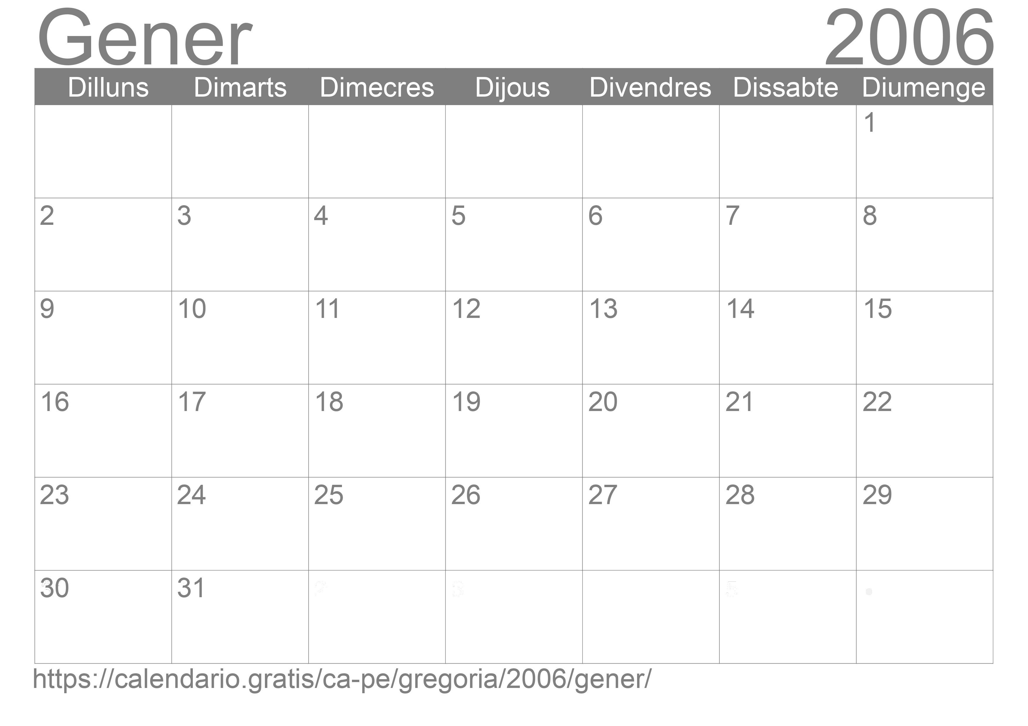 Calendari Gener 2006 per imprimir