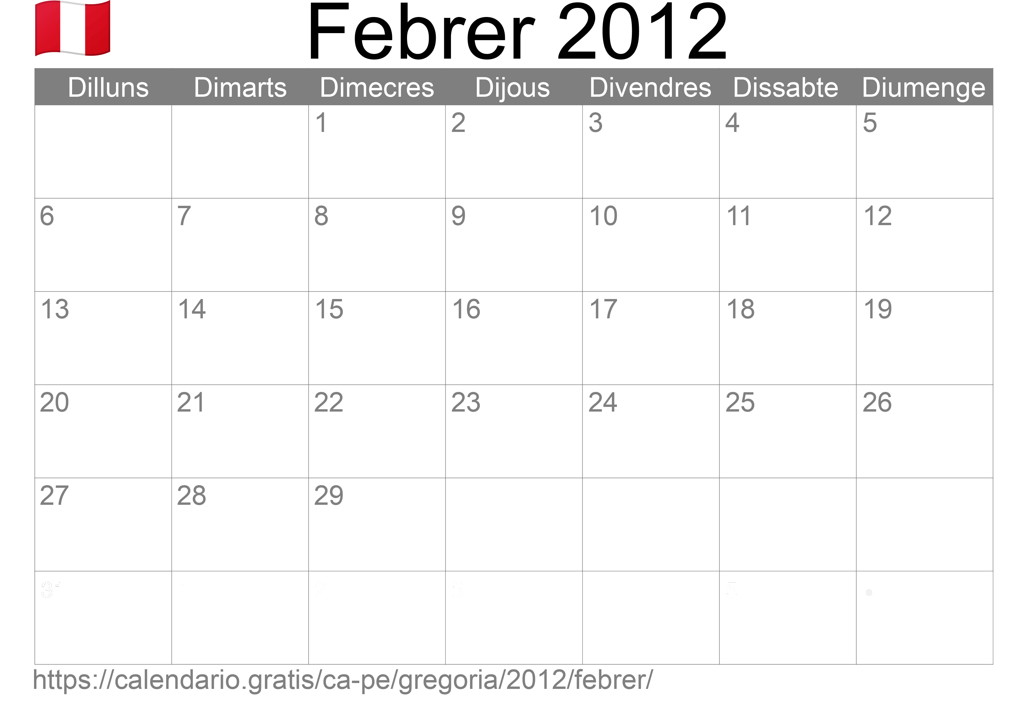 Calendari Febrer 2012 per imprimir