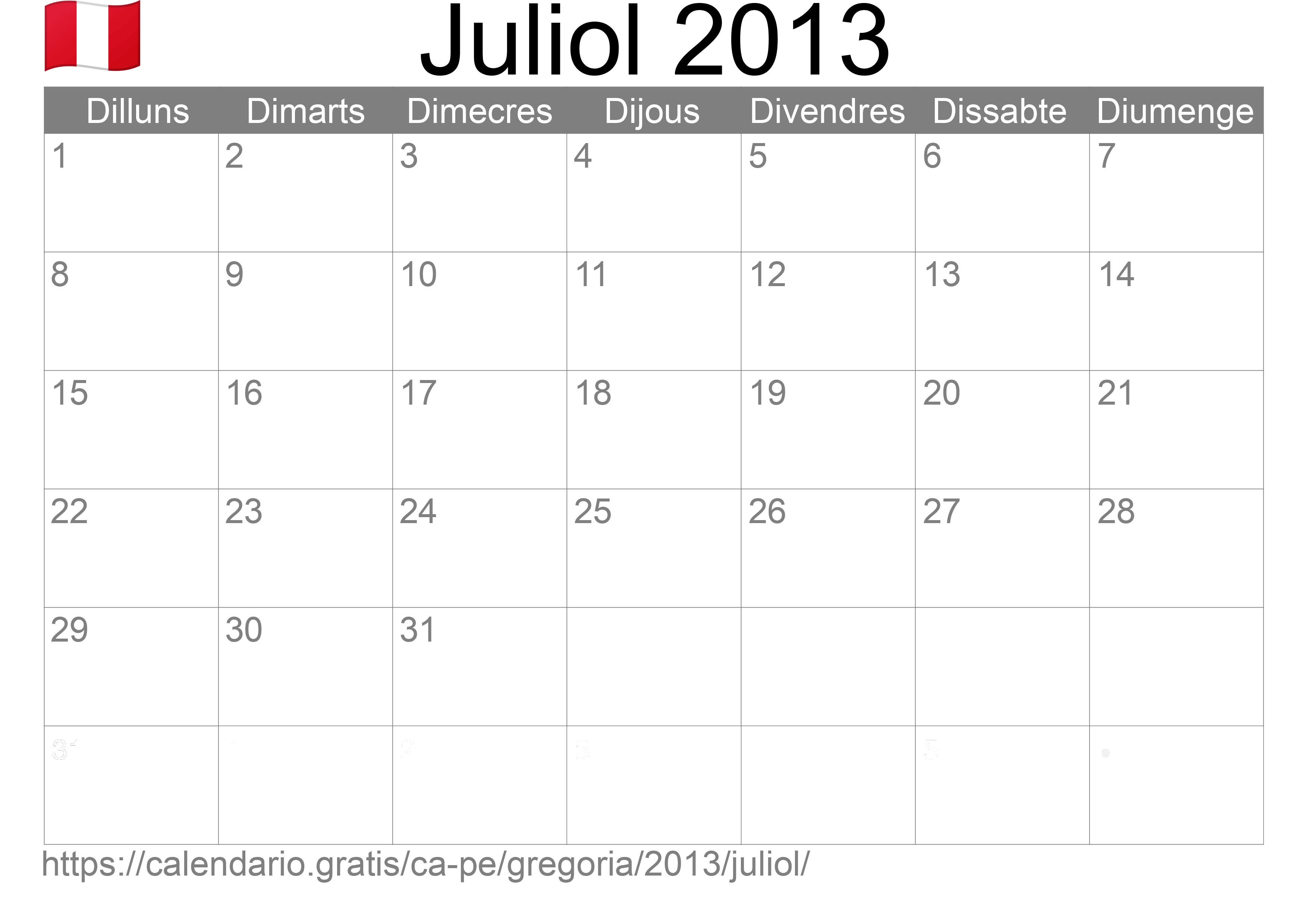 Calendari Juliol 2013 per imprimir