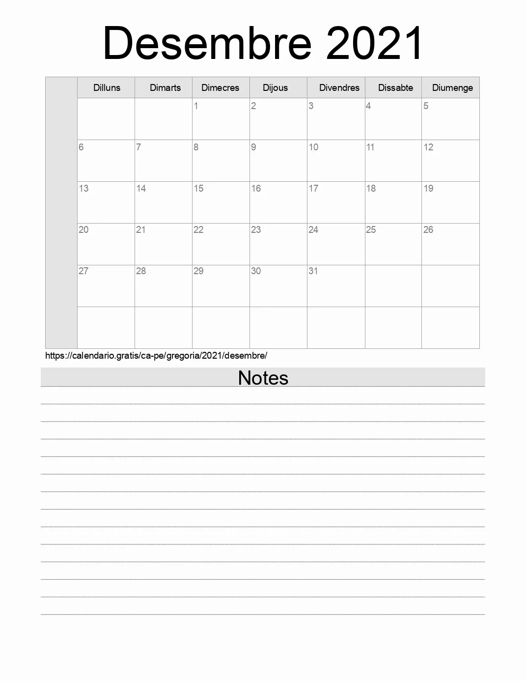 Calendari de Desembre 2021 per imprimir amb notes. (Perú)