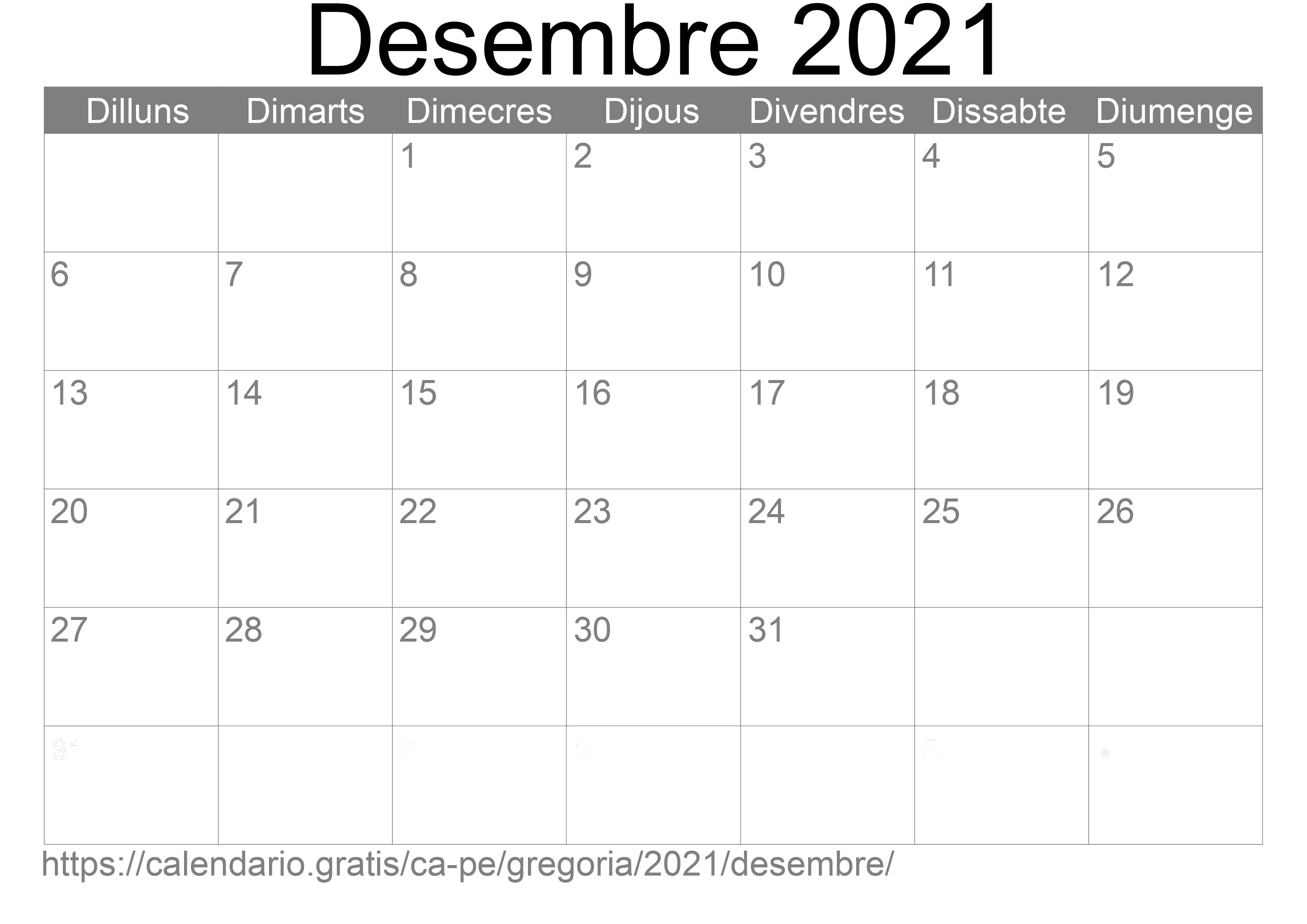 Calendari Desembre 2021 per imprimir (Perú)