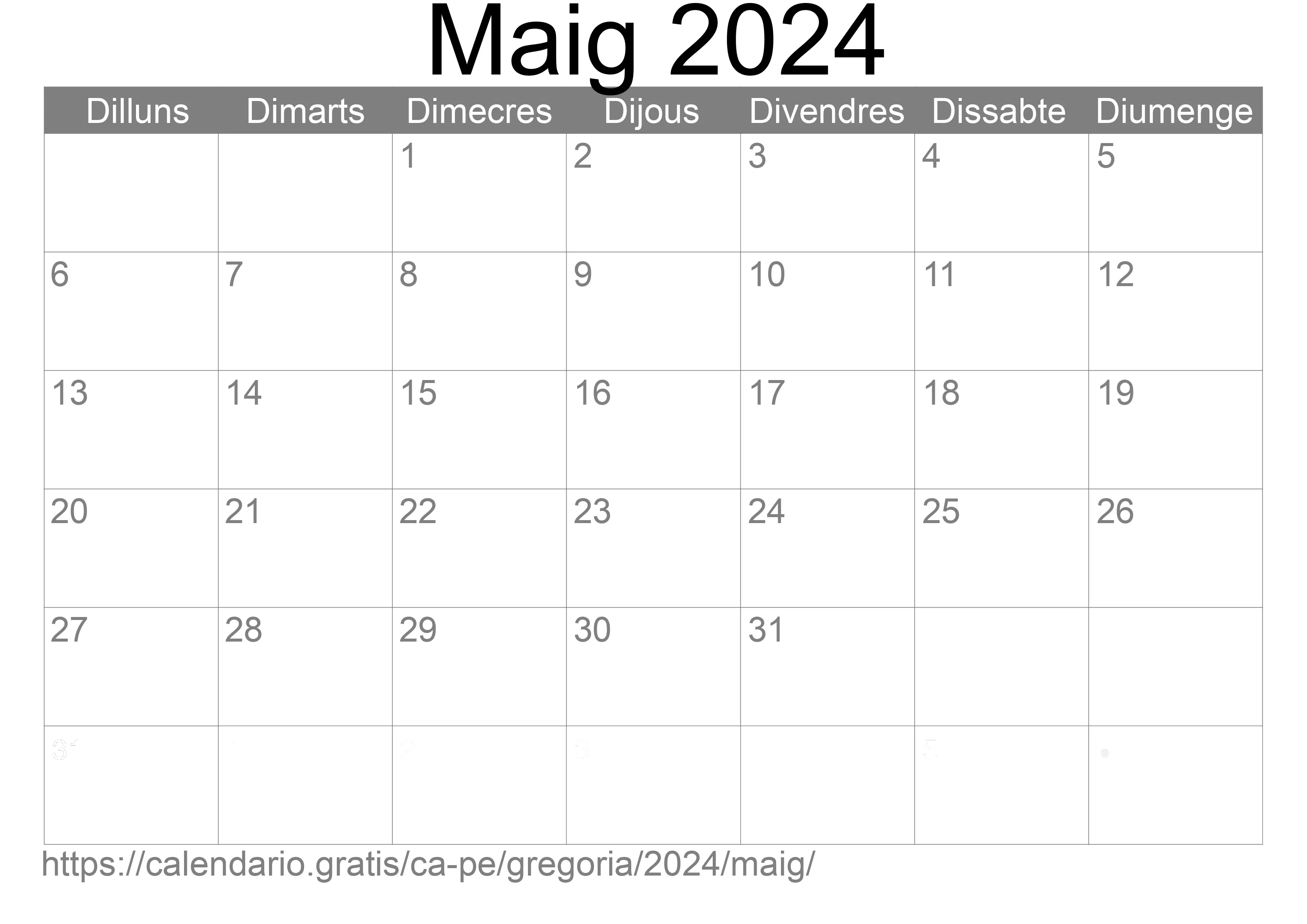 Calendari Maig 2024 per imprimir (Perú)