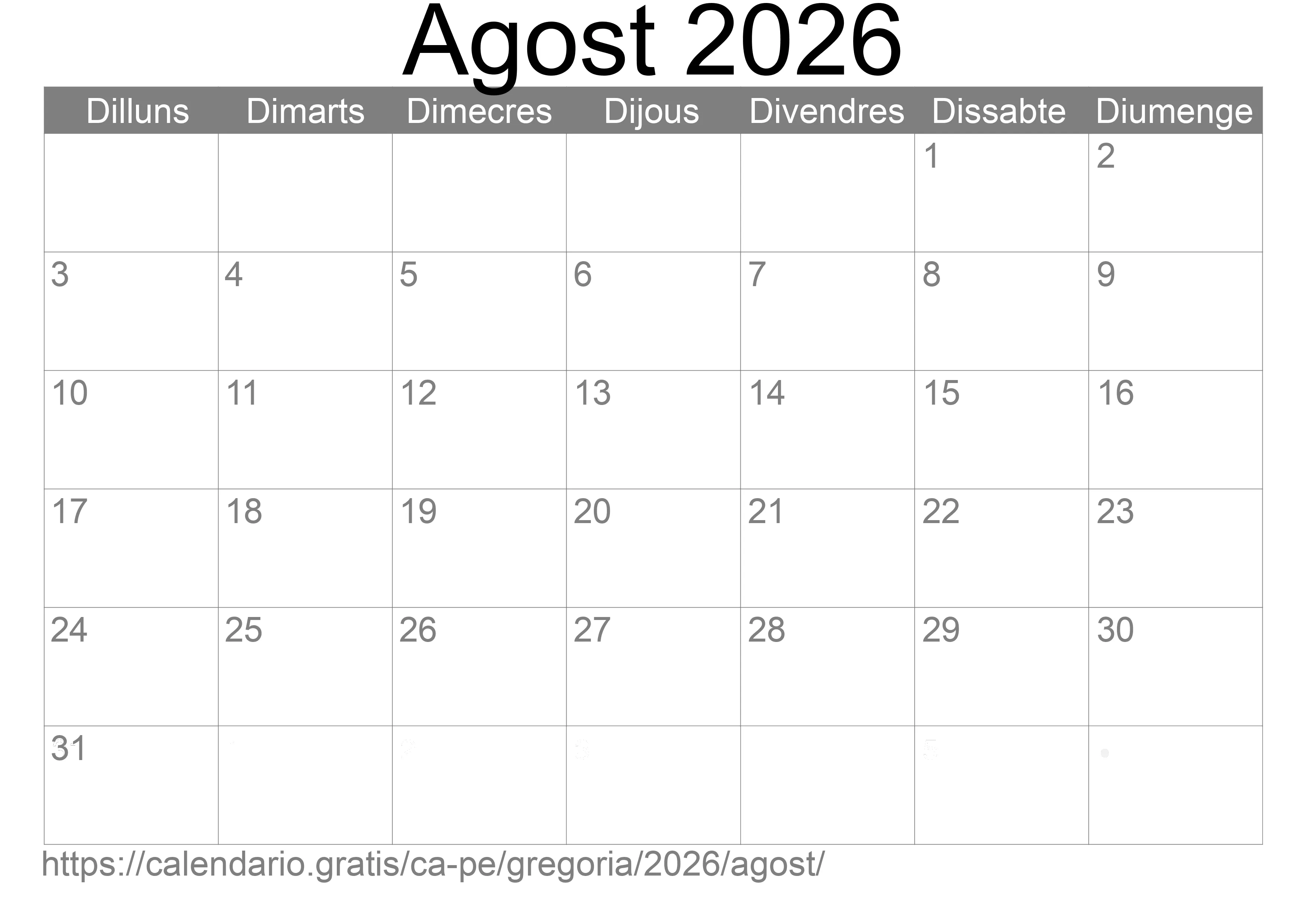 Calendari Agost 2026 per imprimir (Perú)