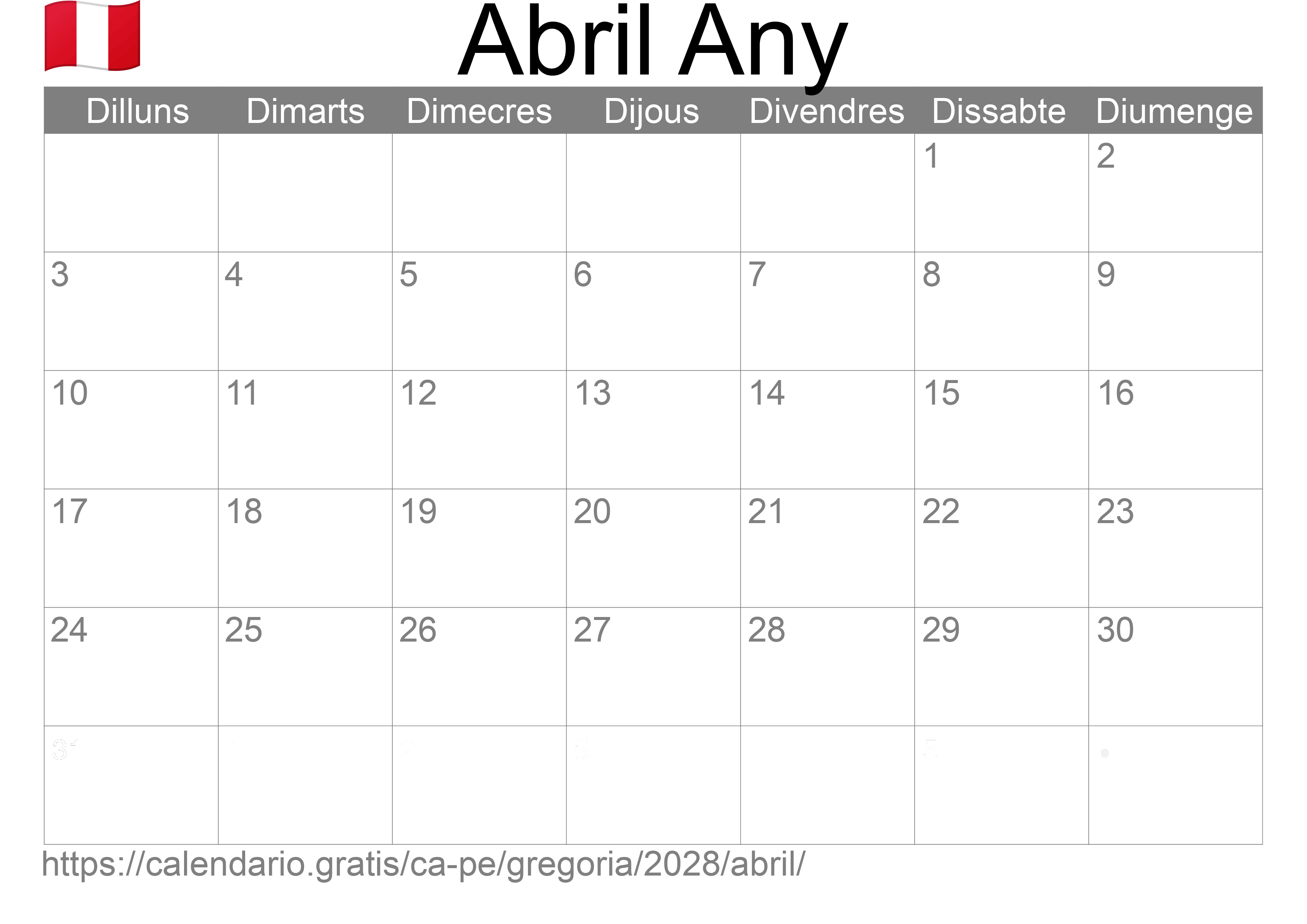 Calendari Abril 2028 per imprimir