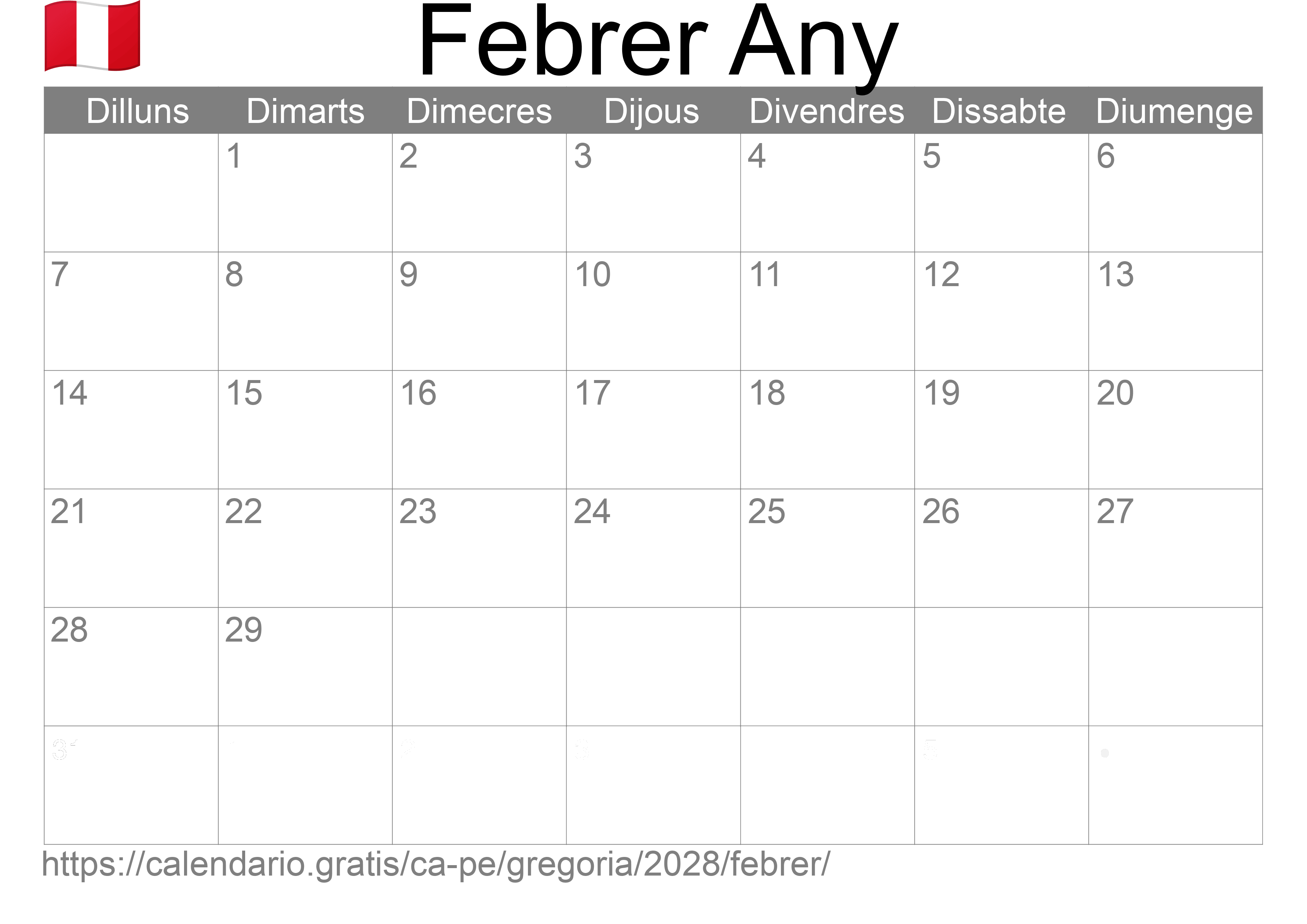 Calendari Febrer 2028 per imprimir