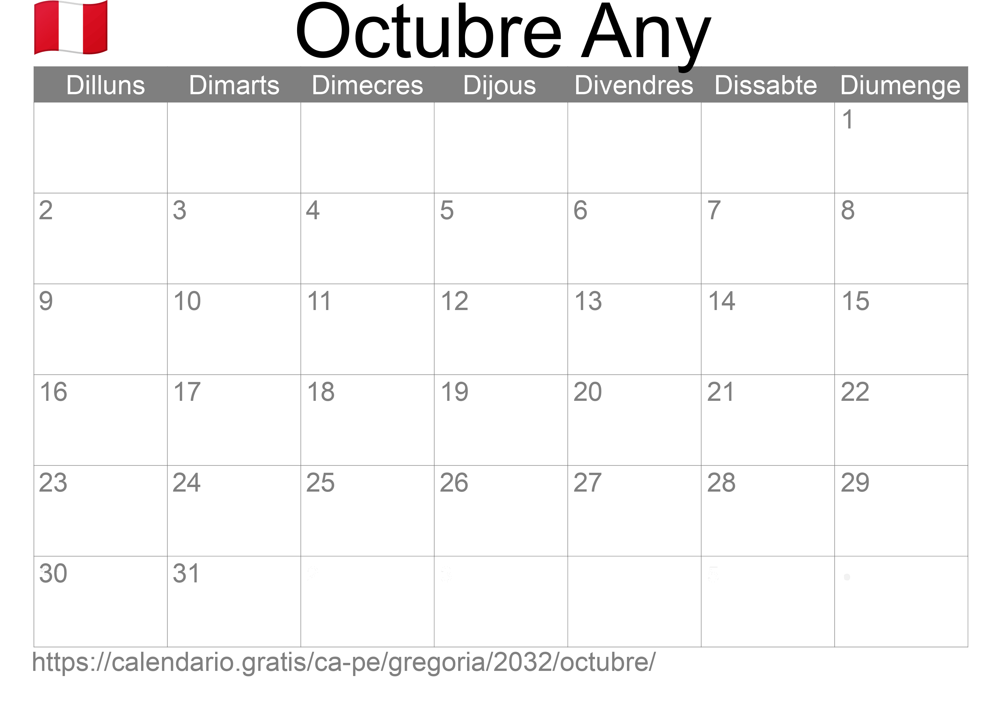 Calendari Octubre 2032 per imprimir