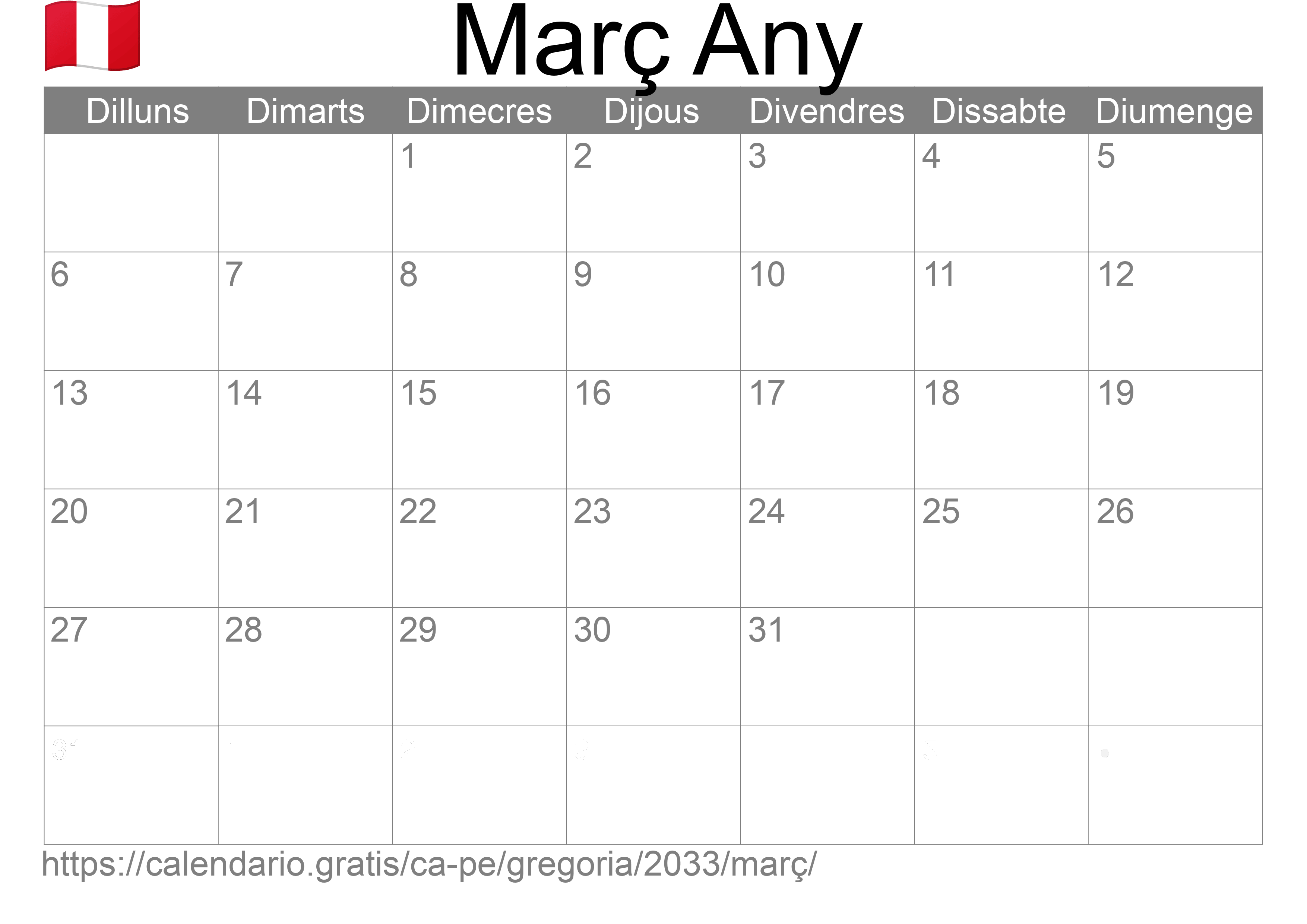 Calendari Març 2033 per imprimir