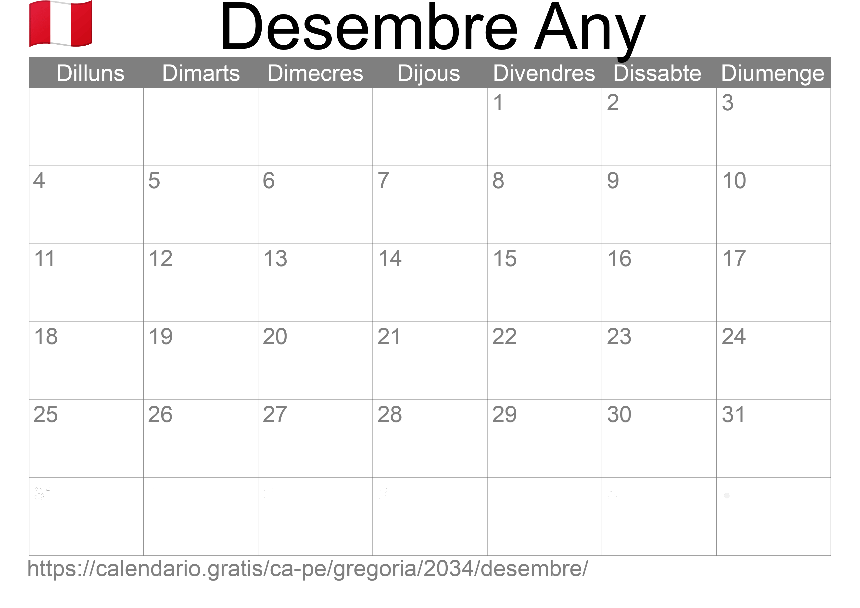 Calendari Desembre 2034 per imprimir