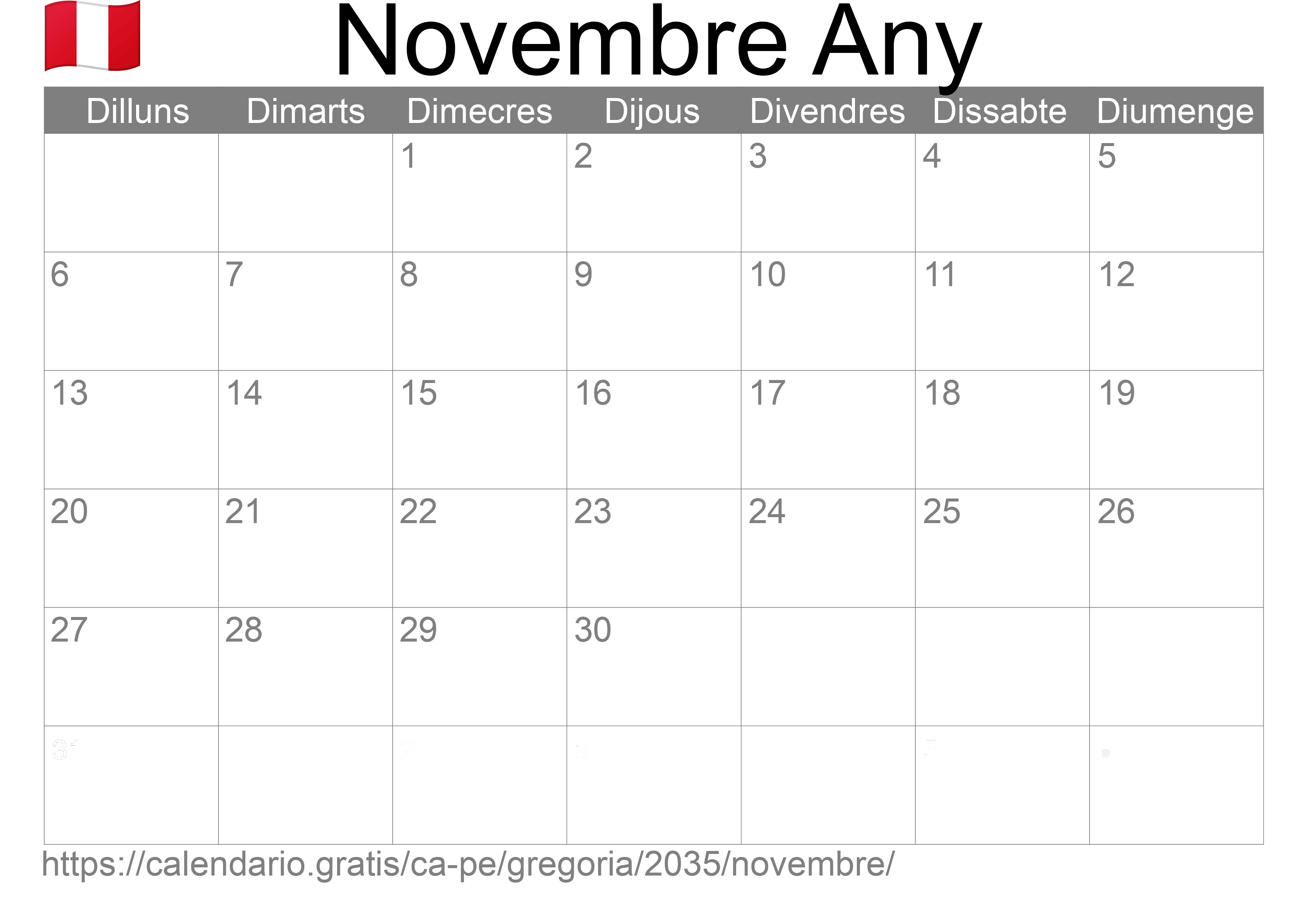 Calendari Novembre 2035 per imprimir