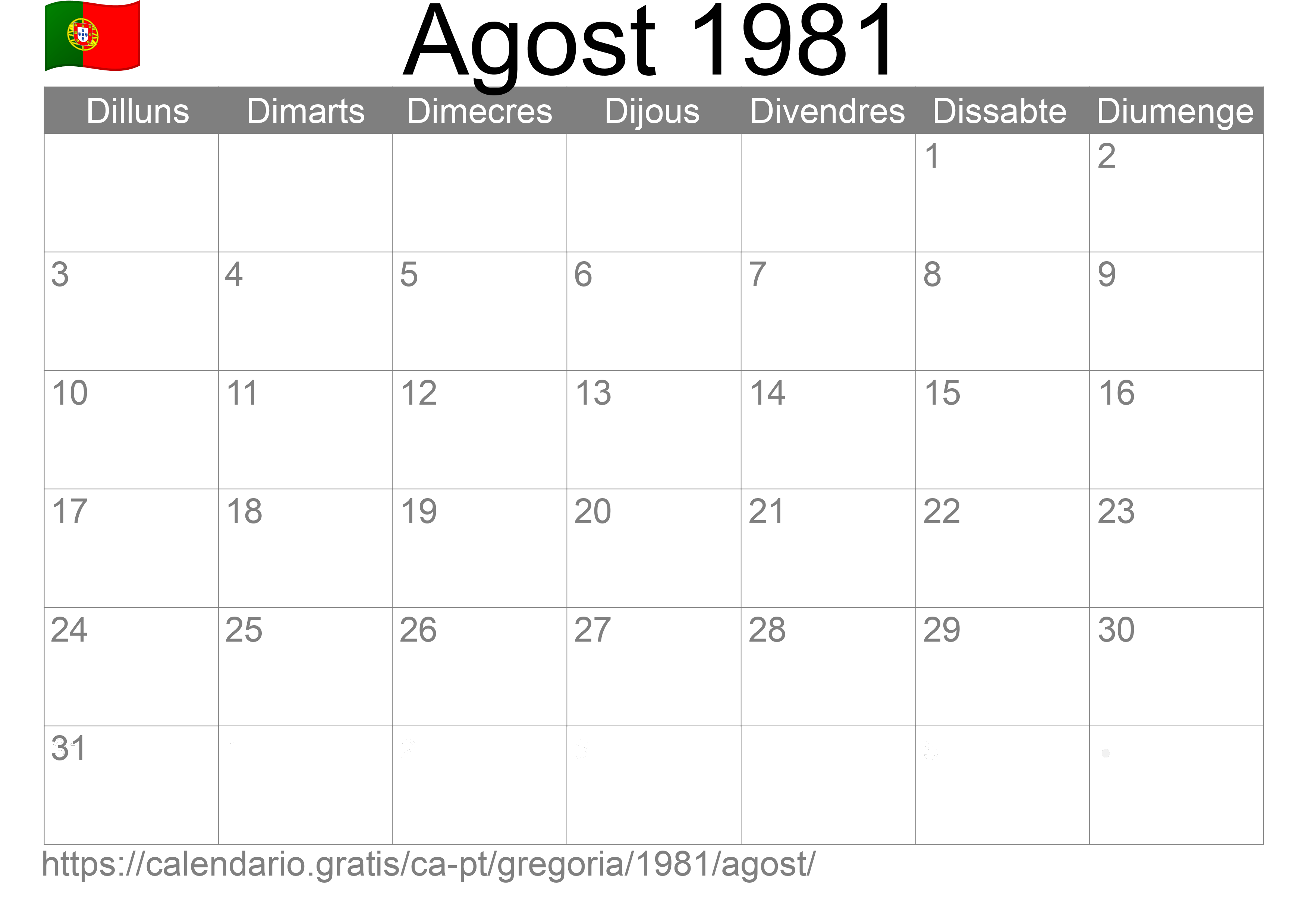 Calendari Agost 1981 per imprimir